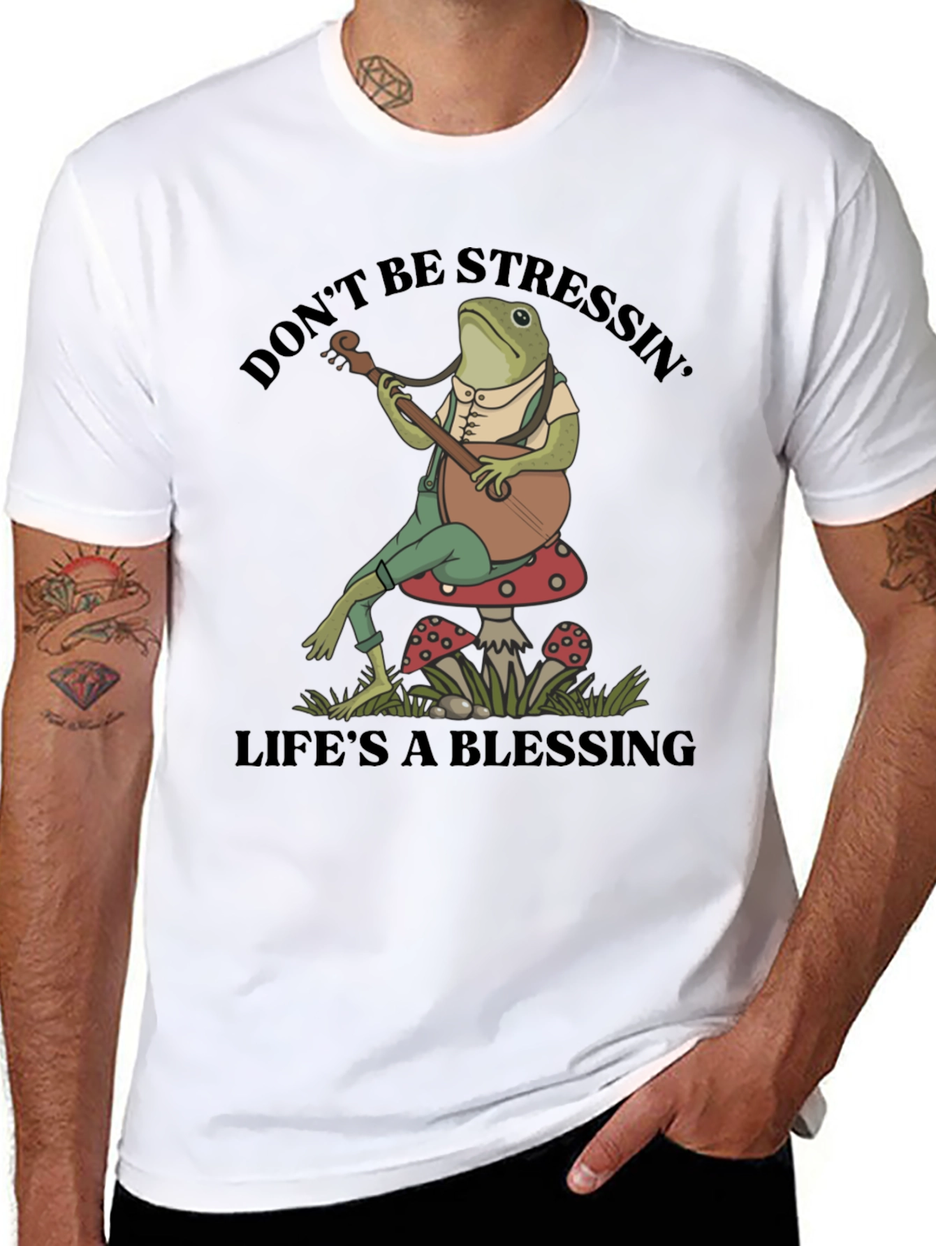 Black Relaxed Frog T-Shirt: Don't Stress, Life's a Blessing view 8