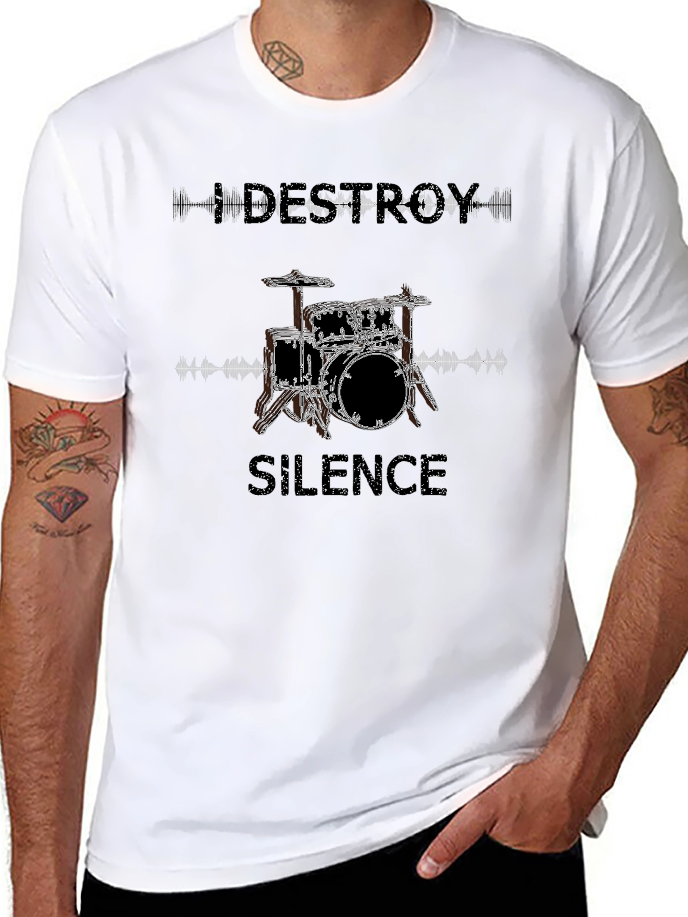 Black Destroy Silence Drum Set Graphic T-Shirt view 8