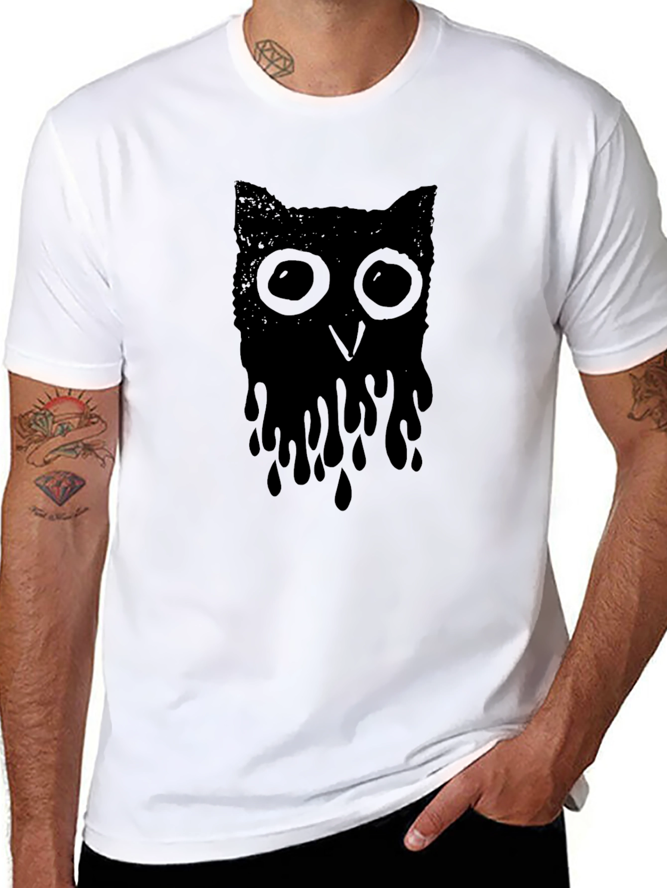 Black Melting Owl Graphic Tee - Black Crew Neck T-Shirt view 8