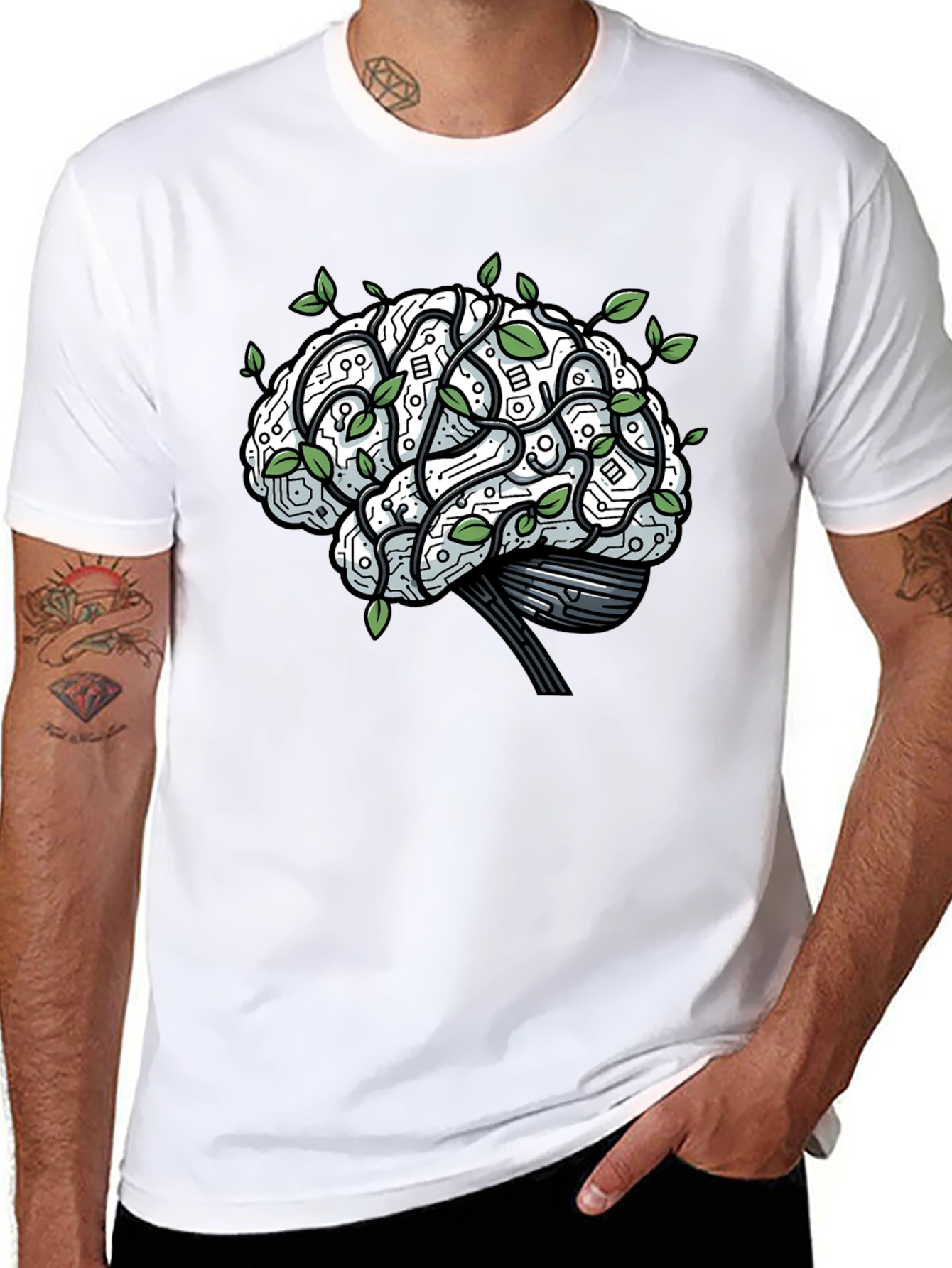 Black Brain Circuitry & Leaves Graphic T-Shirt view 8