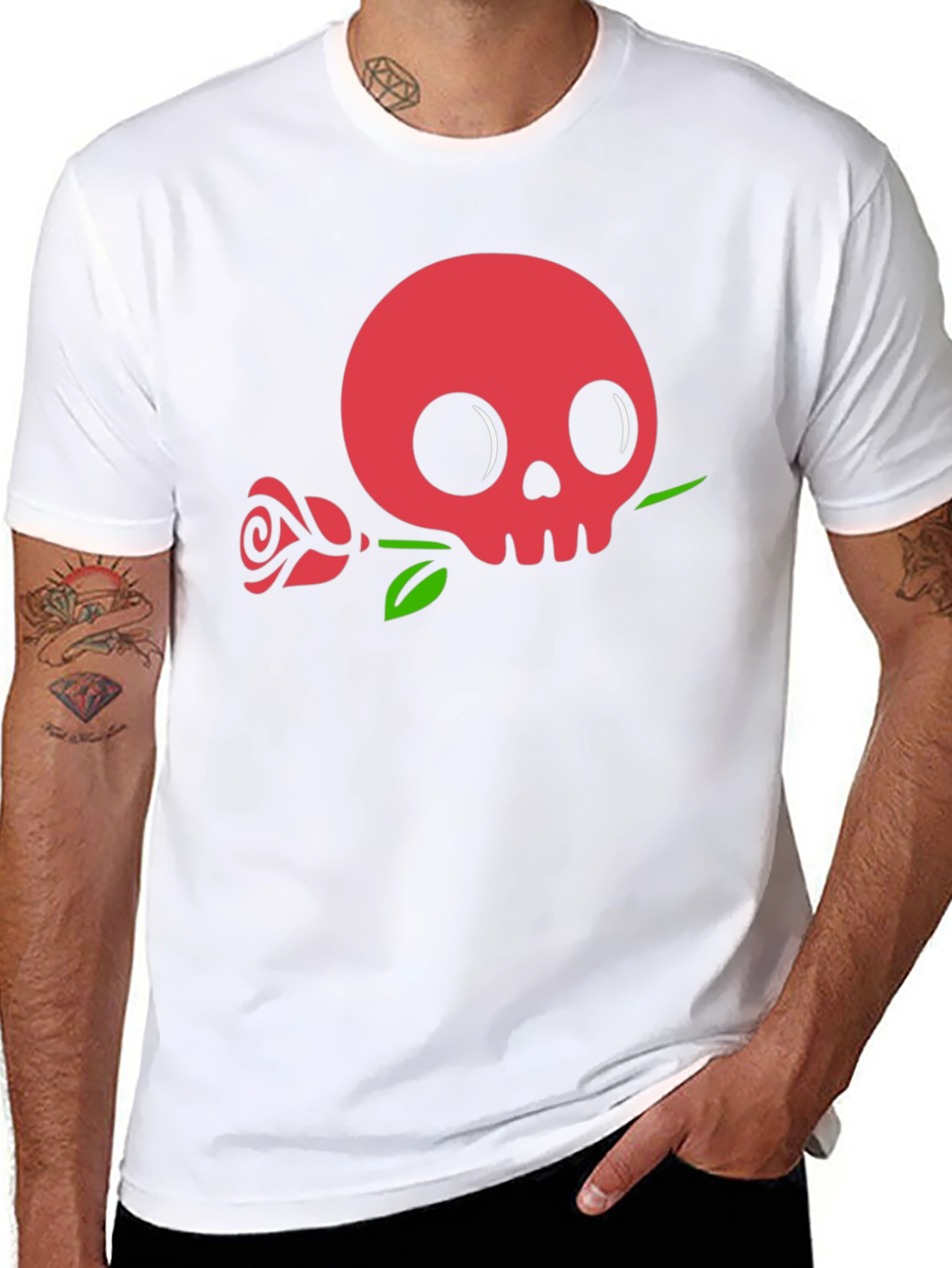 Black Skull & Rose Graphic Tee - Black Cotton Casual view 8