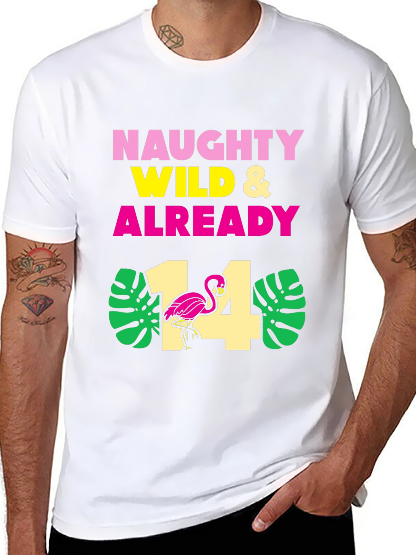 Black Naughty Wild & Already 14 Birthday Flamingo T-Shirt view 8