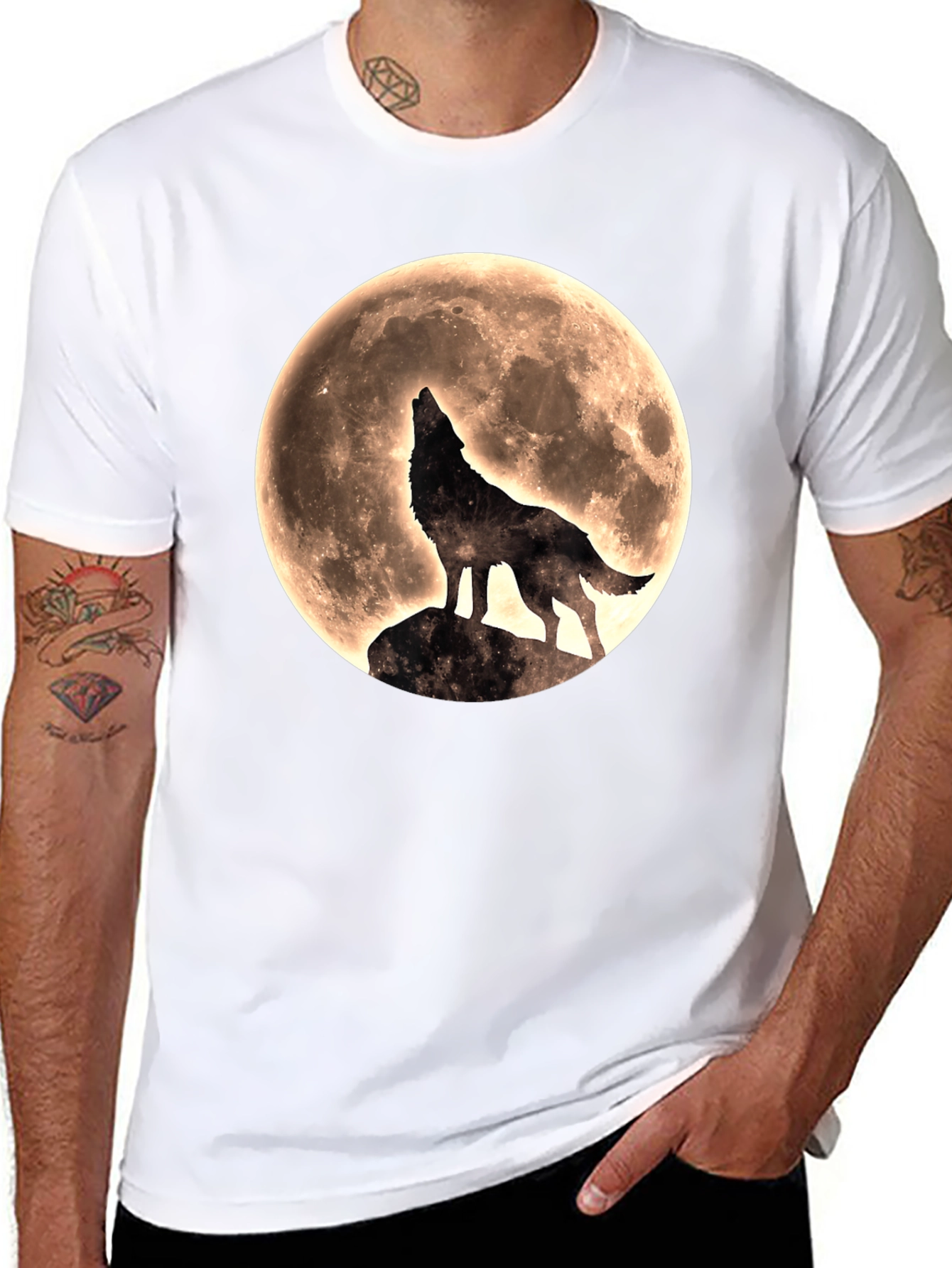 Black Wolf Howling at Moon Graphic T-Shirt - Black view 8