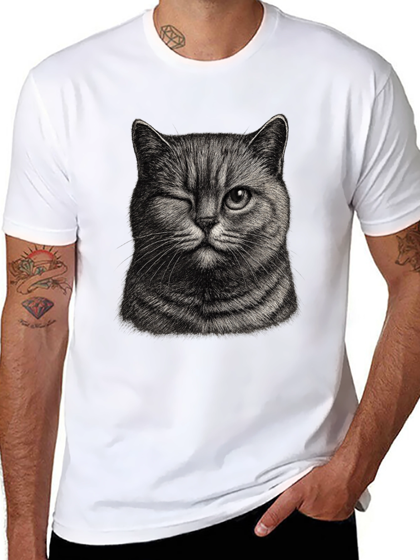 Black Winking Cat Graphic Tee - Men's Black T-Shirt view 8