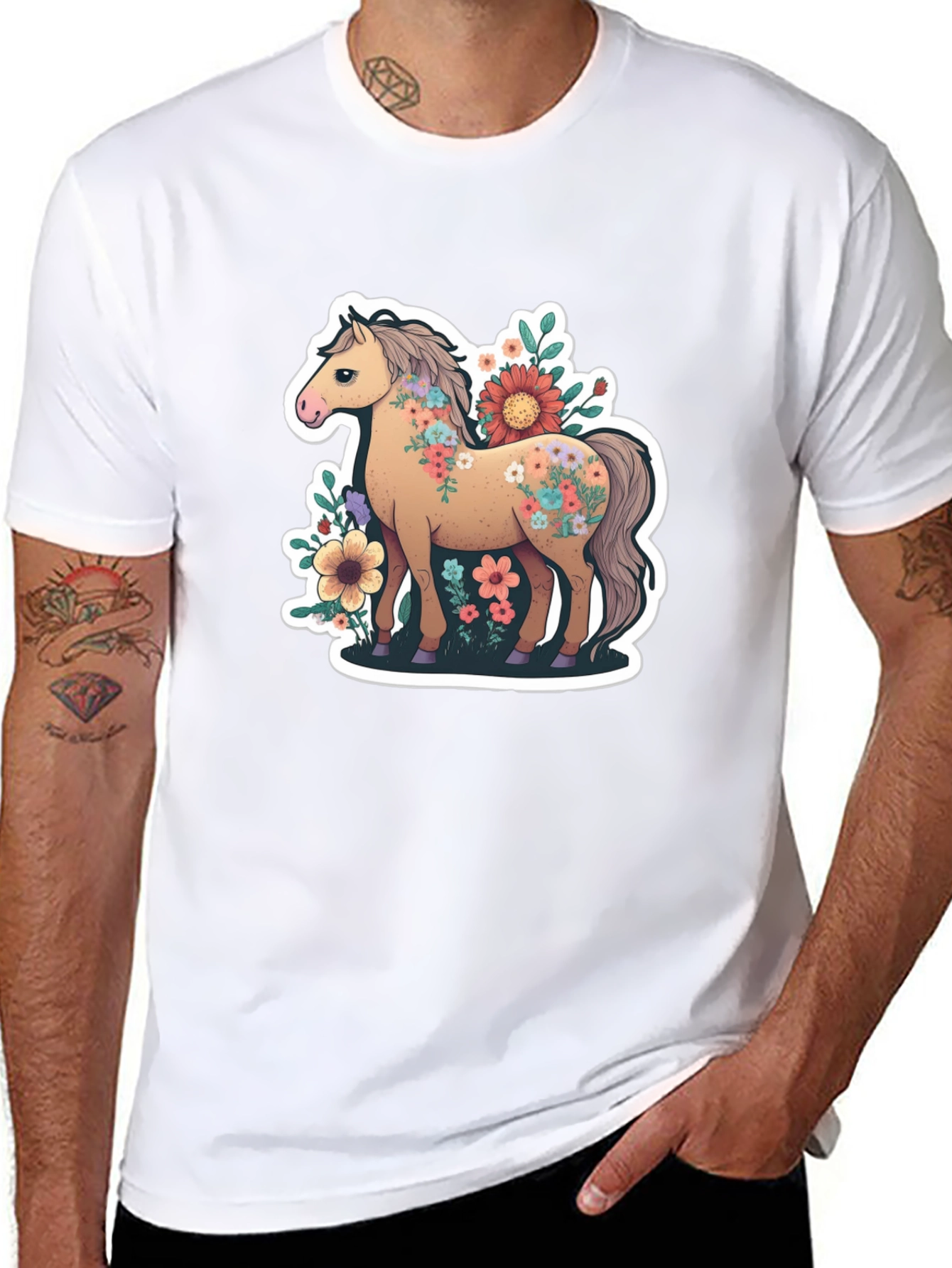 Black Floral Horse Tee - Stylish Graphic T-Shirt view 8
