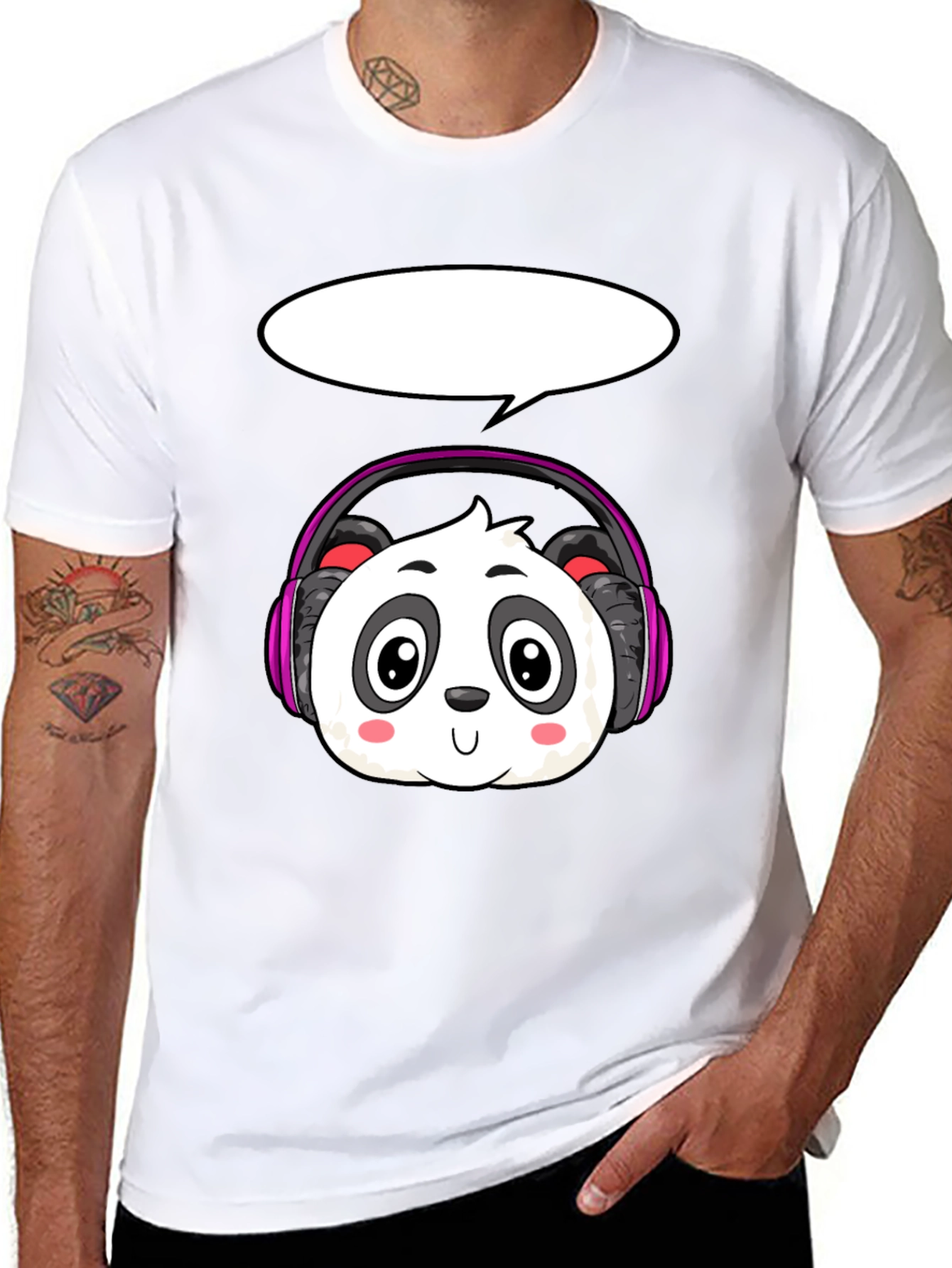 Black Cartoon Panda with Headphones T-Shirt view 8