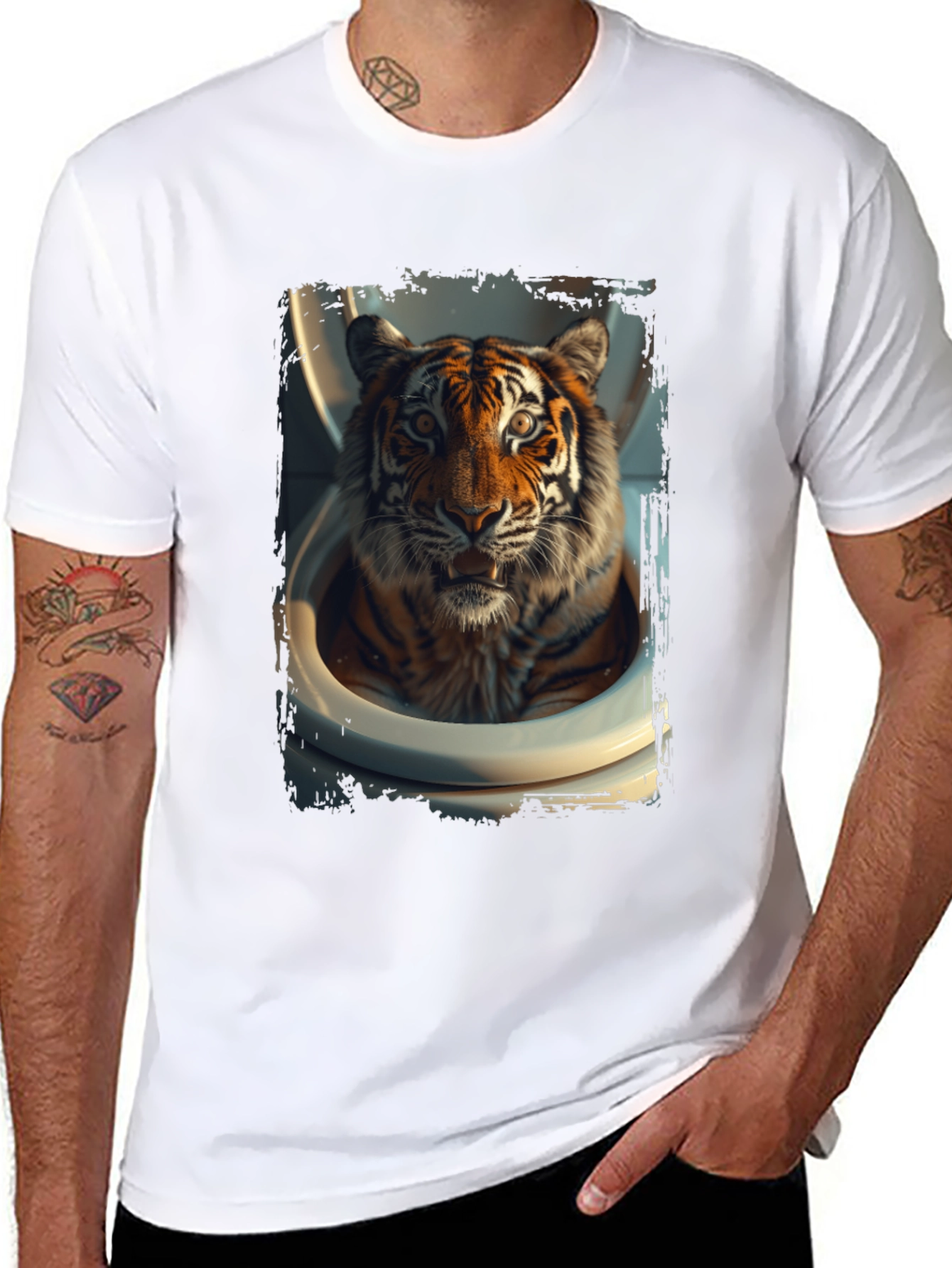 Black Tiger in Toilet Graphic Tee - Black Cotton T-Shirt view 8
