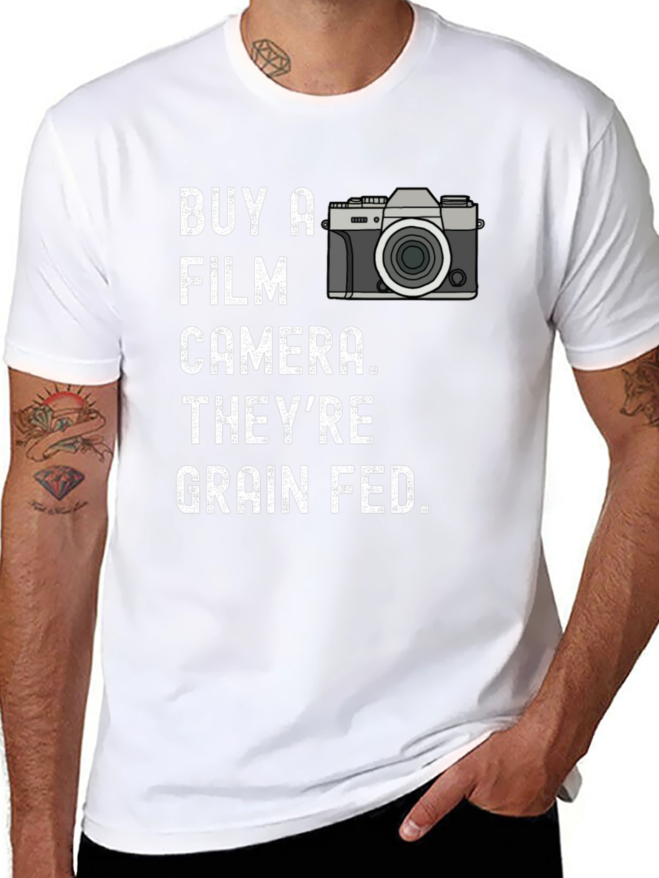Black Buy a Film Camera T-Shirt - Grain Fed Humor Tee view 8