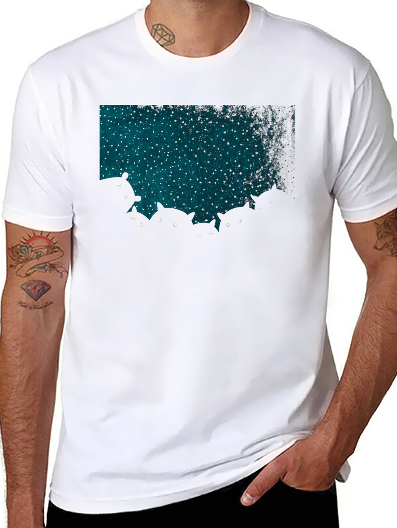 Black Mysterious Cats T-Shirt - Stargazing Cats Design view 8