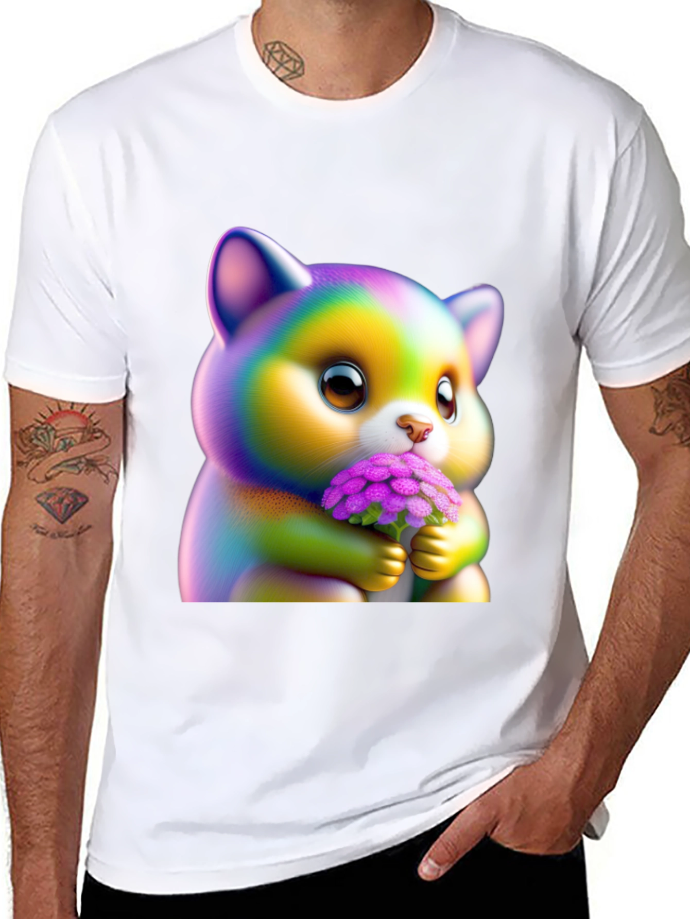 Black Cute Rainbow Kitten Holding Flowers Graphic Tee view 8