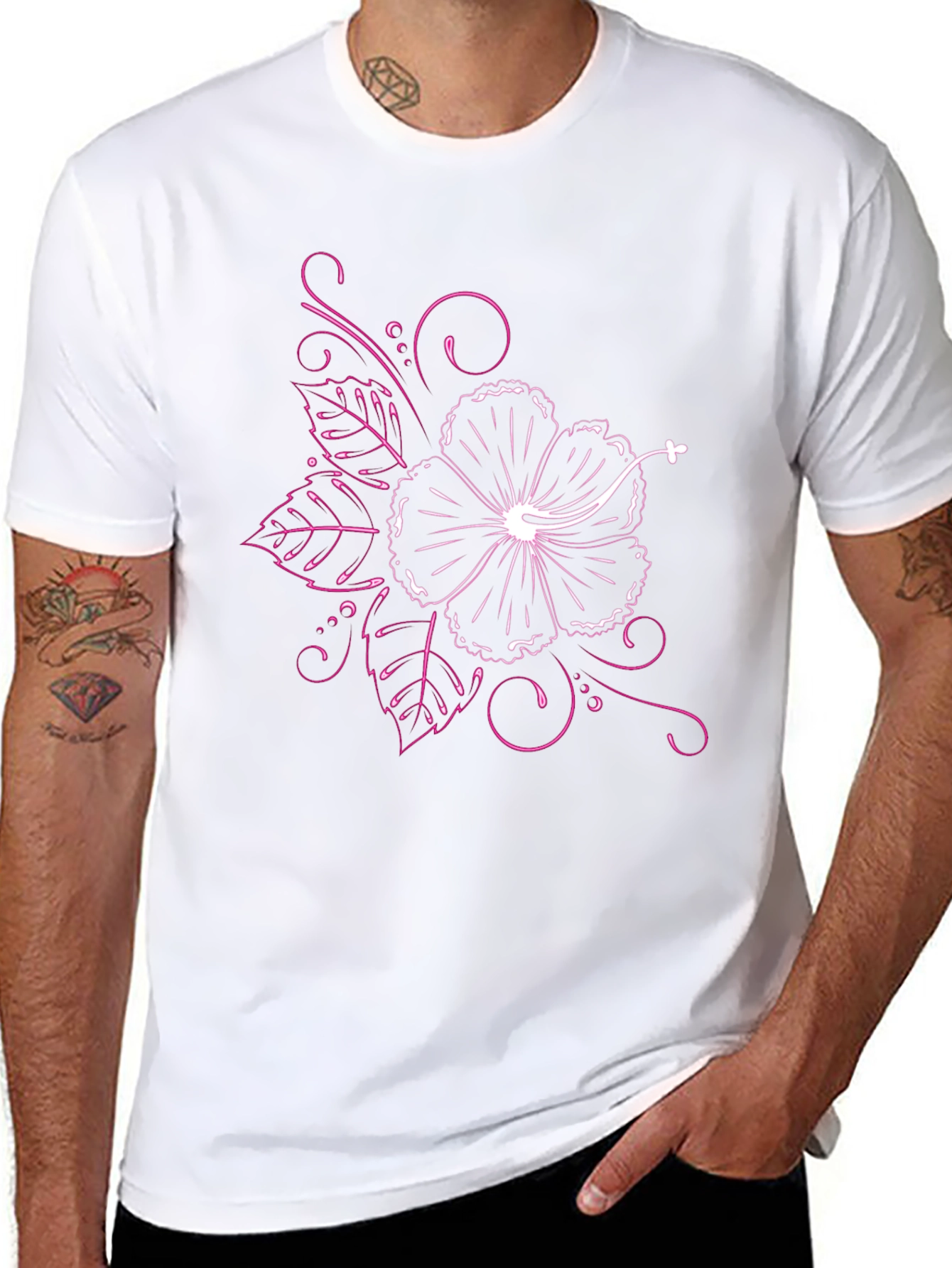 Black T-Shirt with Floral Hibiscus Design - 8