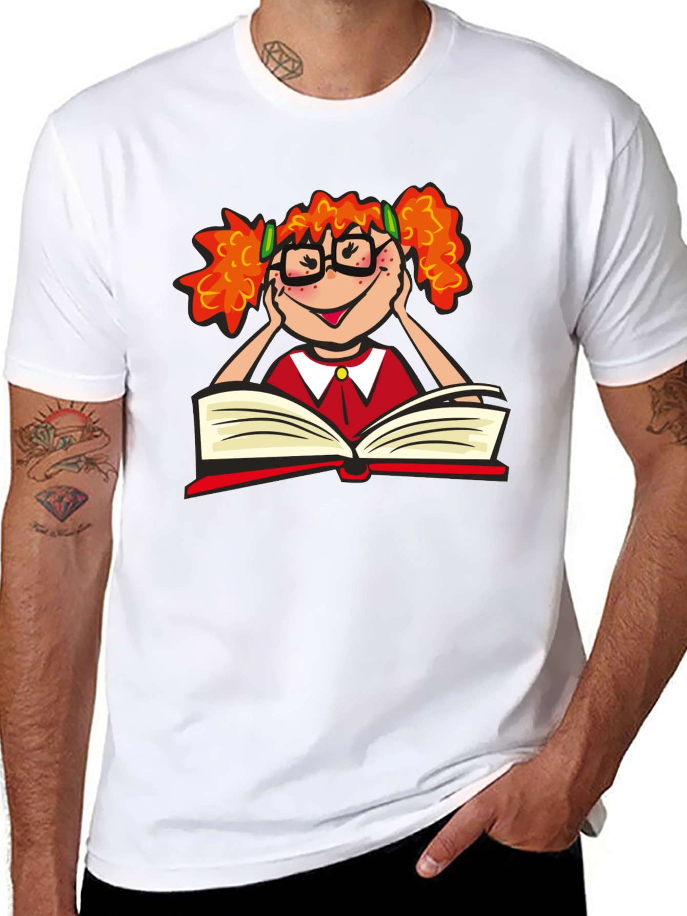 Black Nerdy Girl Reading T-Shirt - Black Cotton Tee view 8