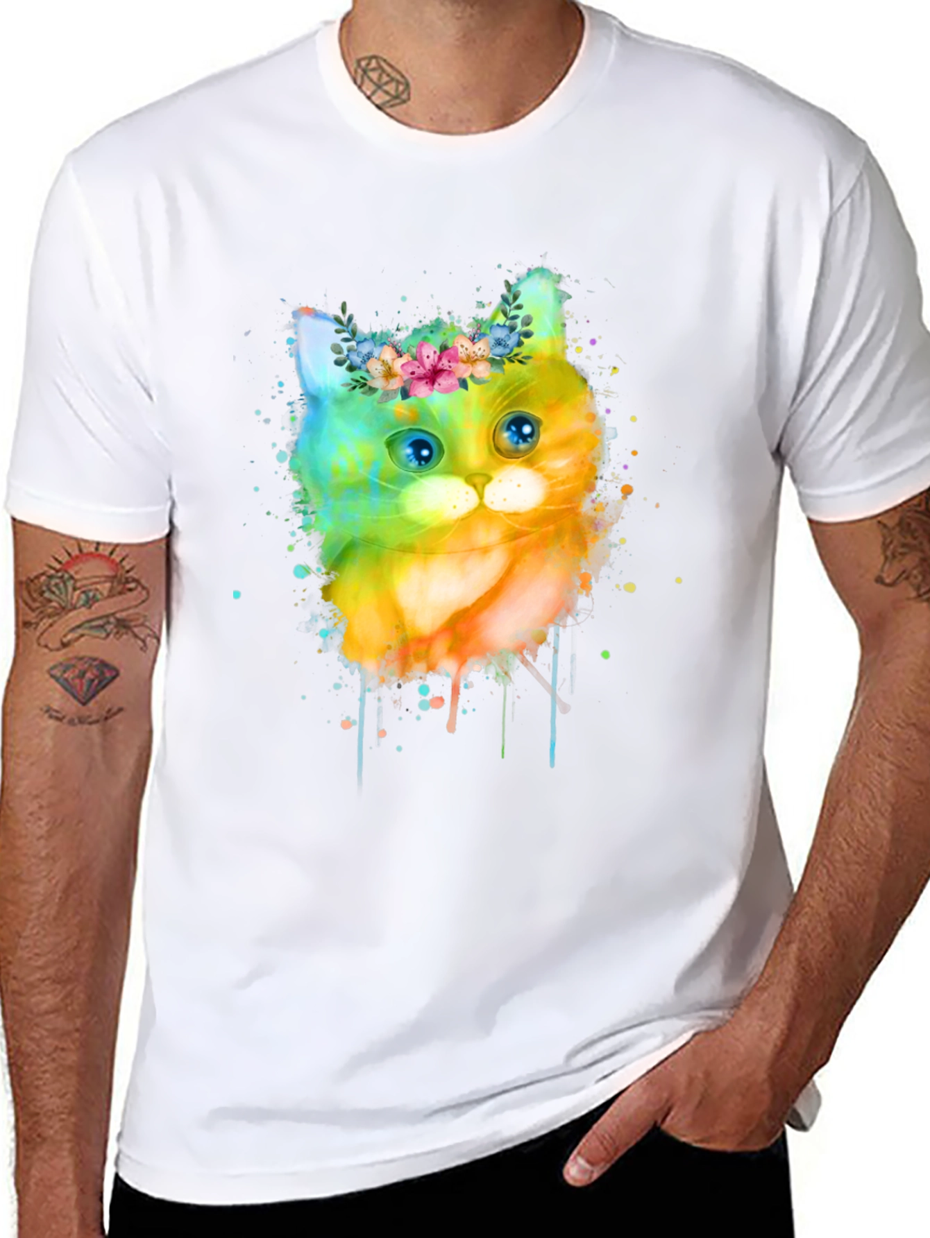 Black Watercolor Cat T-Shirt - Floral Crown Kitten Tee view 8