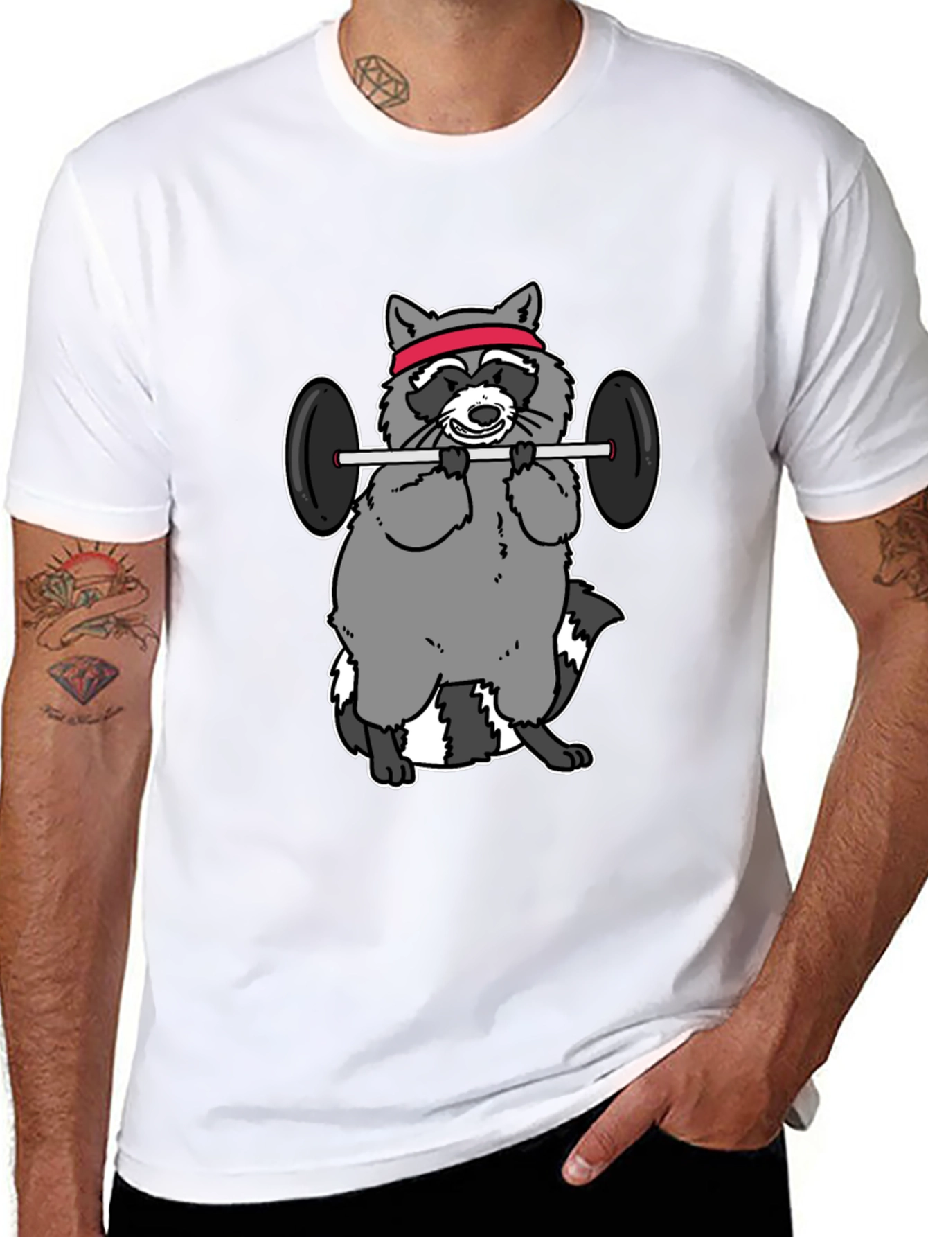 Black Raccoon Lifting Weights Funny Graphic T-Shirt view 8