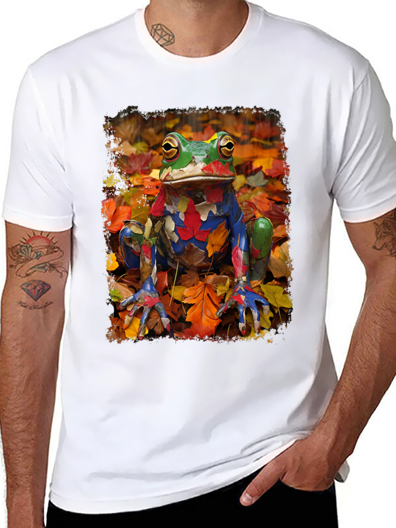 Black Frog in Fall Leaves Black T-Shirt view 8