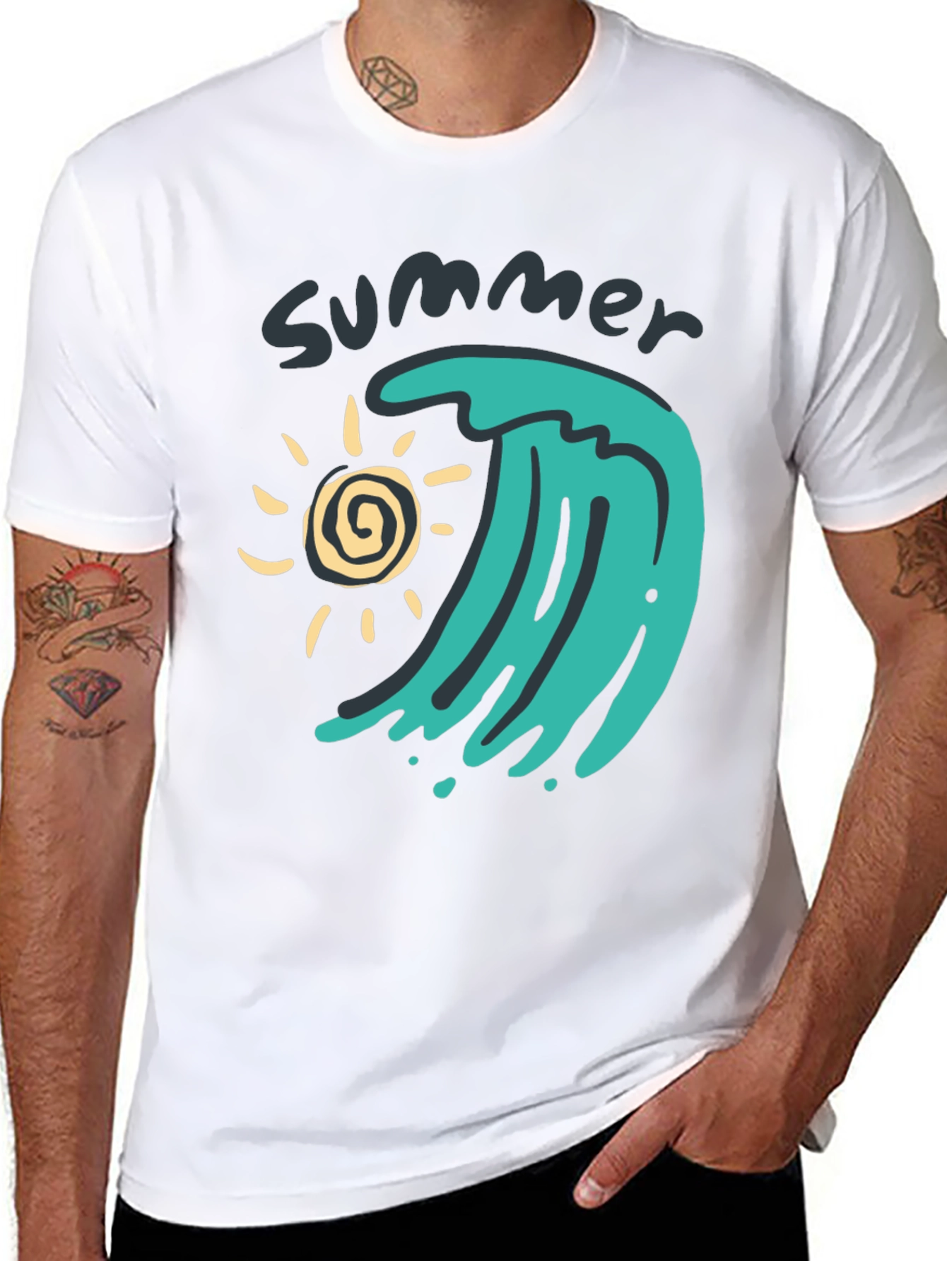 Black Summer Wave Graphic Tee - Black Cotton T-Shirt view 8