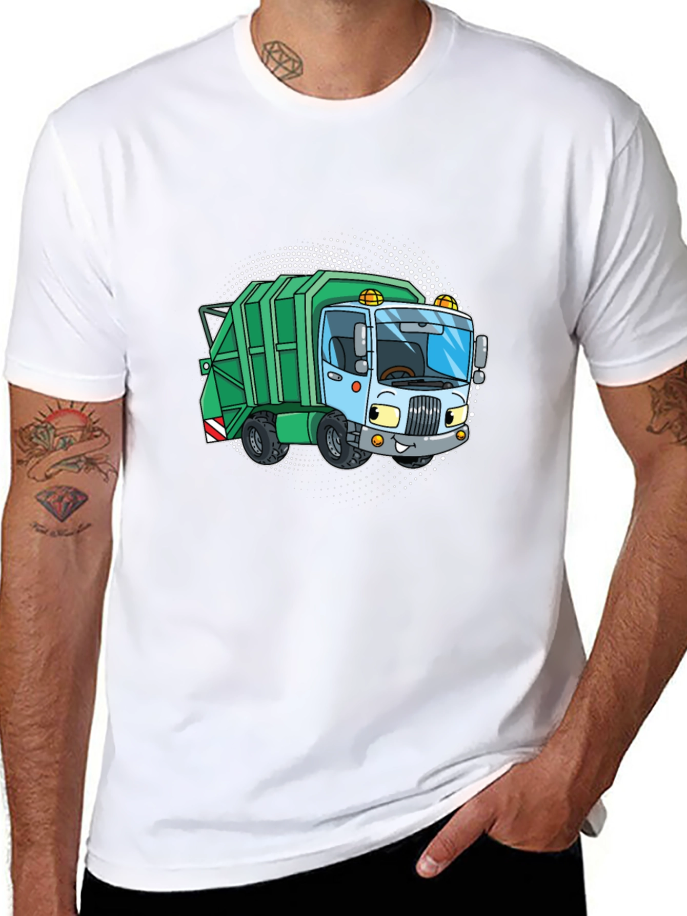 Black Garbage Truck Cartoon T-Shirt - Black Crew Neck Tee view 8
