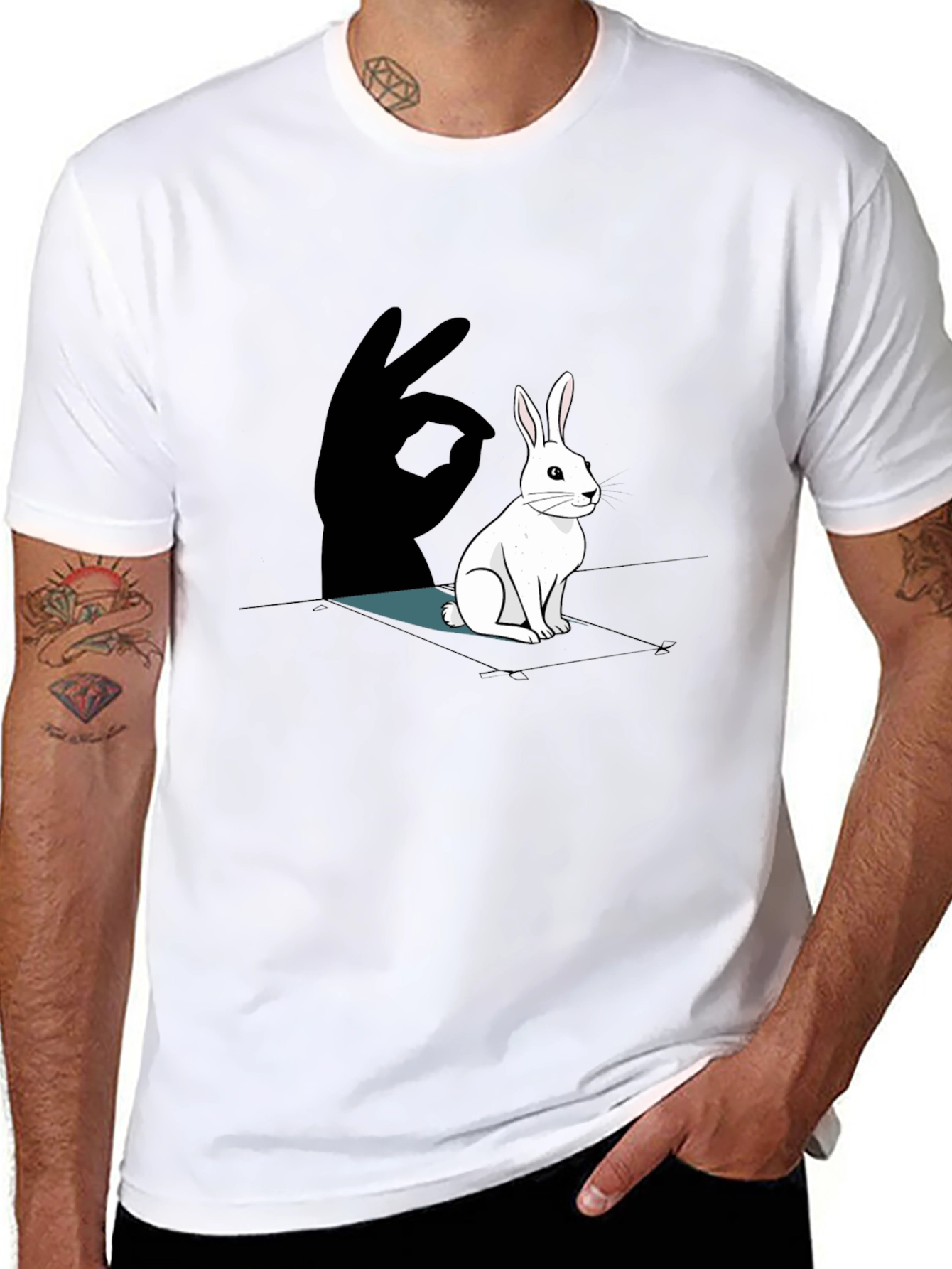 Black Rabbit Shadow Hand T-Shirt - Black Cotton Tee view 8