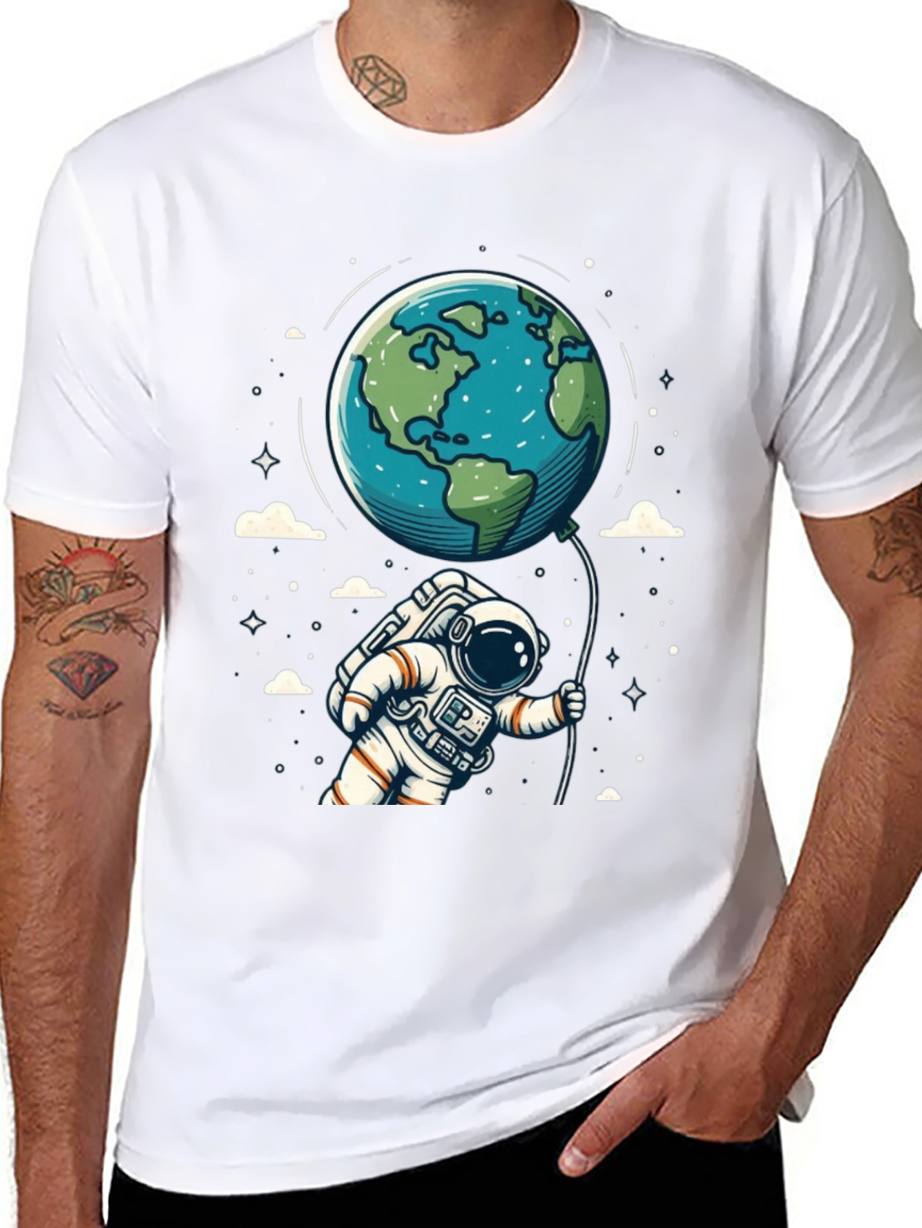 Black Astronaut Earth Balloon Black T-Shirt view 8