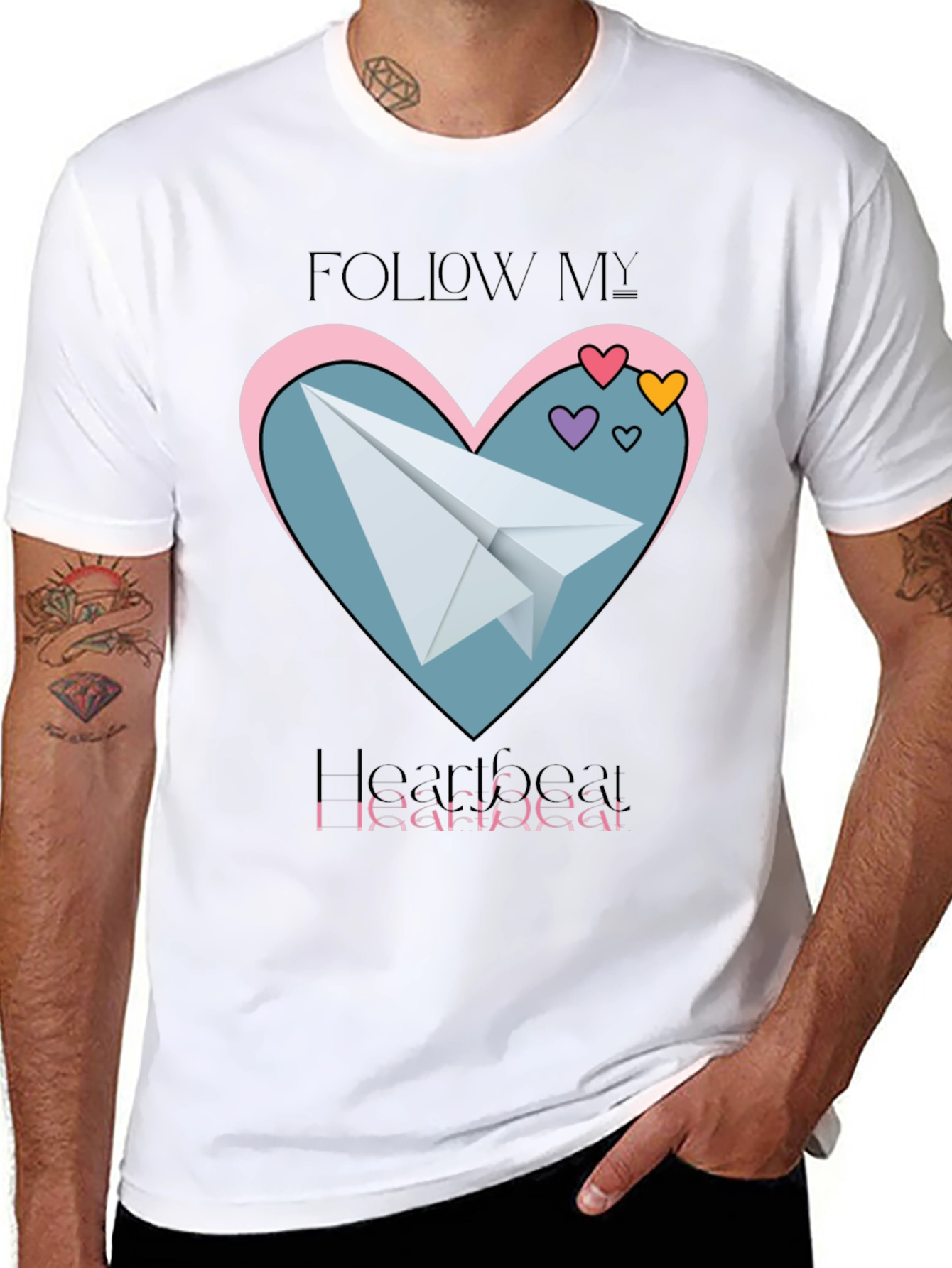 Black Follow My Heartbeat T-Shirt: Paper Airplane Love Design view 8