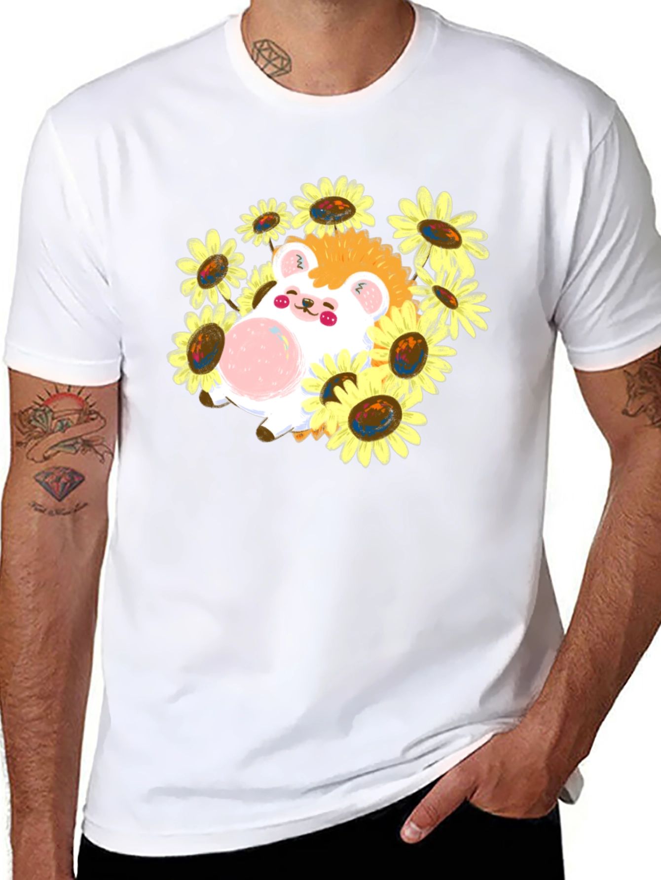 Black Cute Hedgehog Sunflower T-Shirt view 8