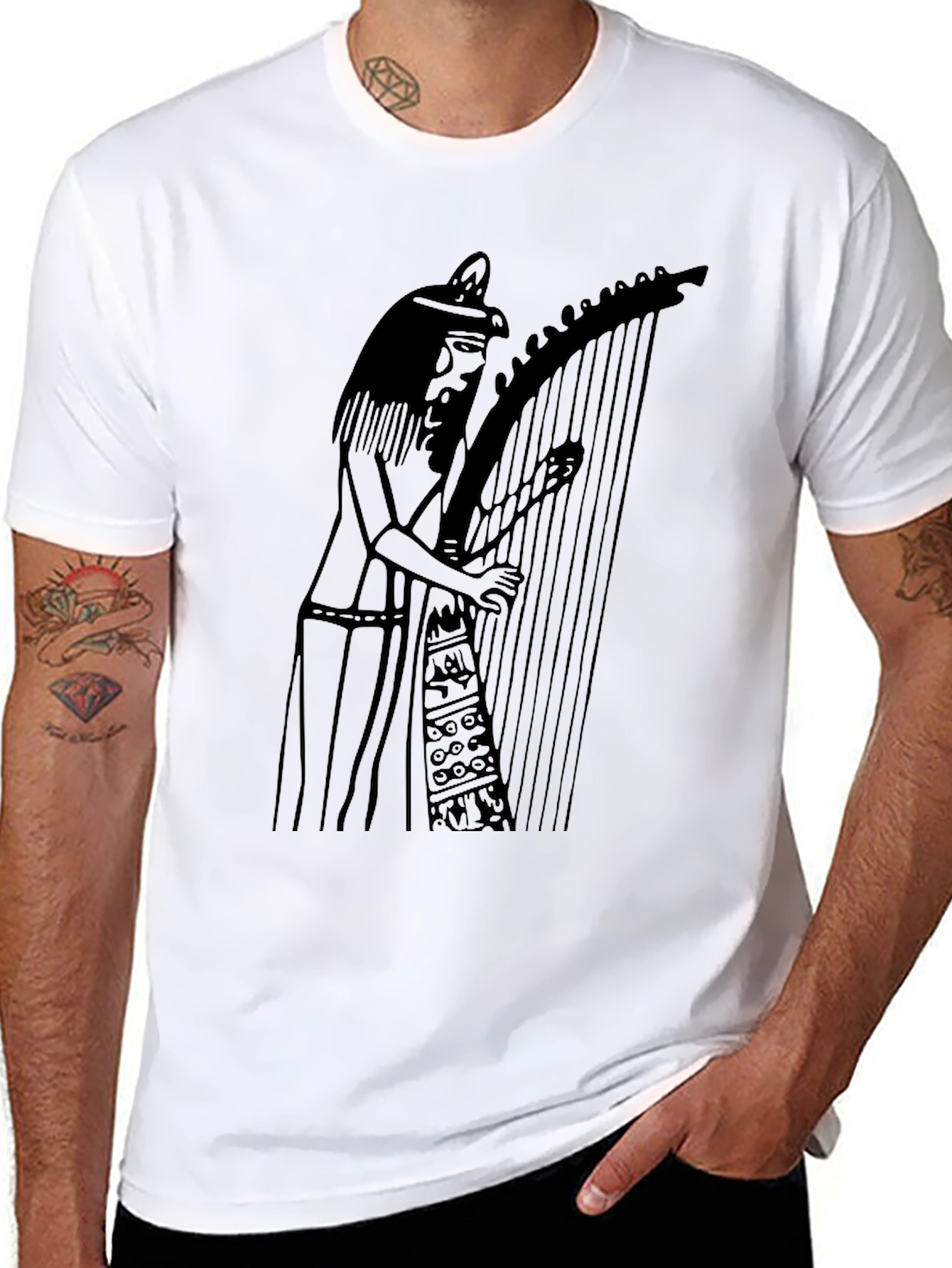 Black Egyptian Harpist Graphic Tee - Black Unisex T-Shirt view 8