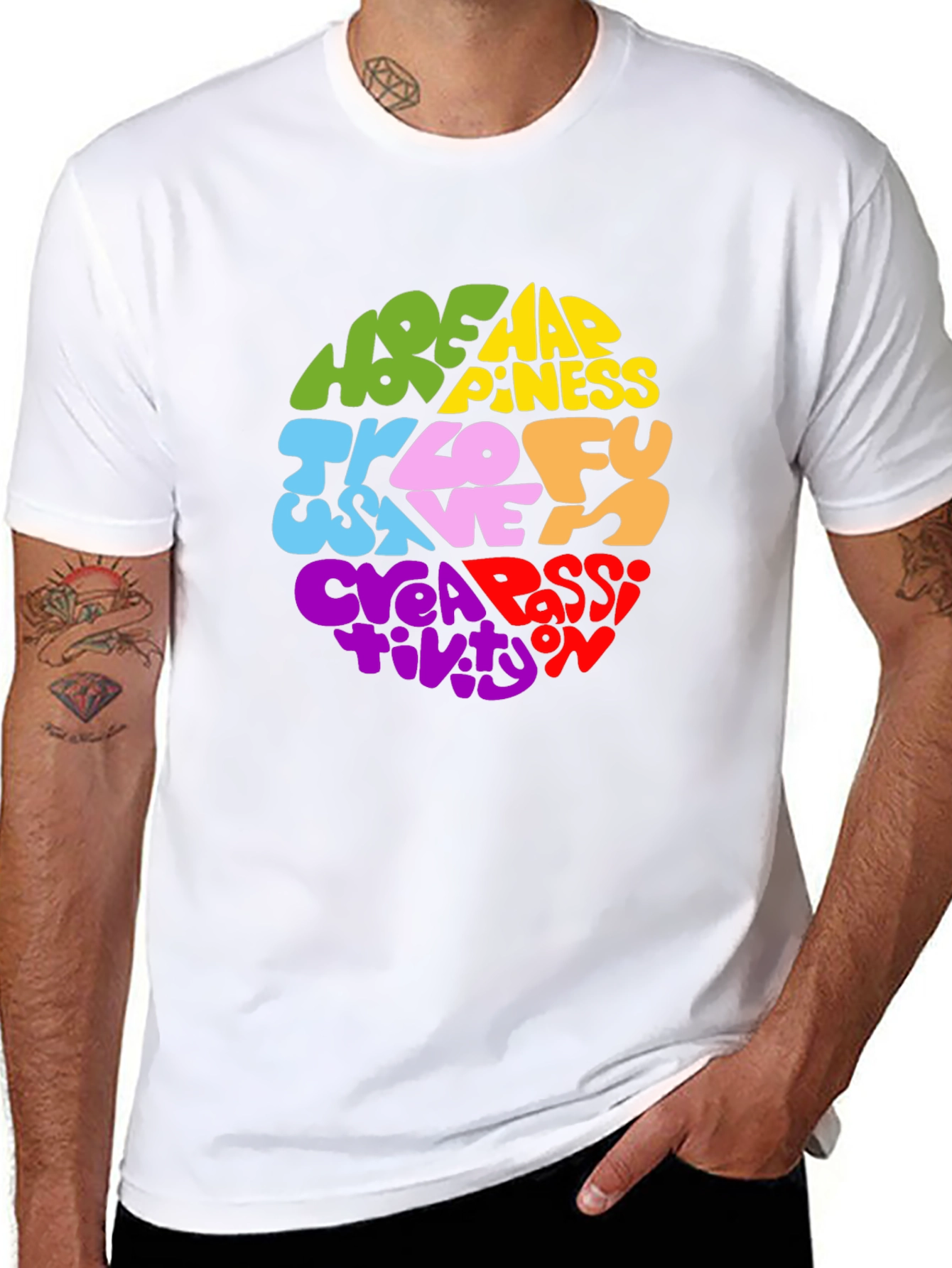 Black Colorful Word Art Graphic Print T-Shirt view 8