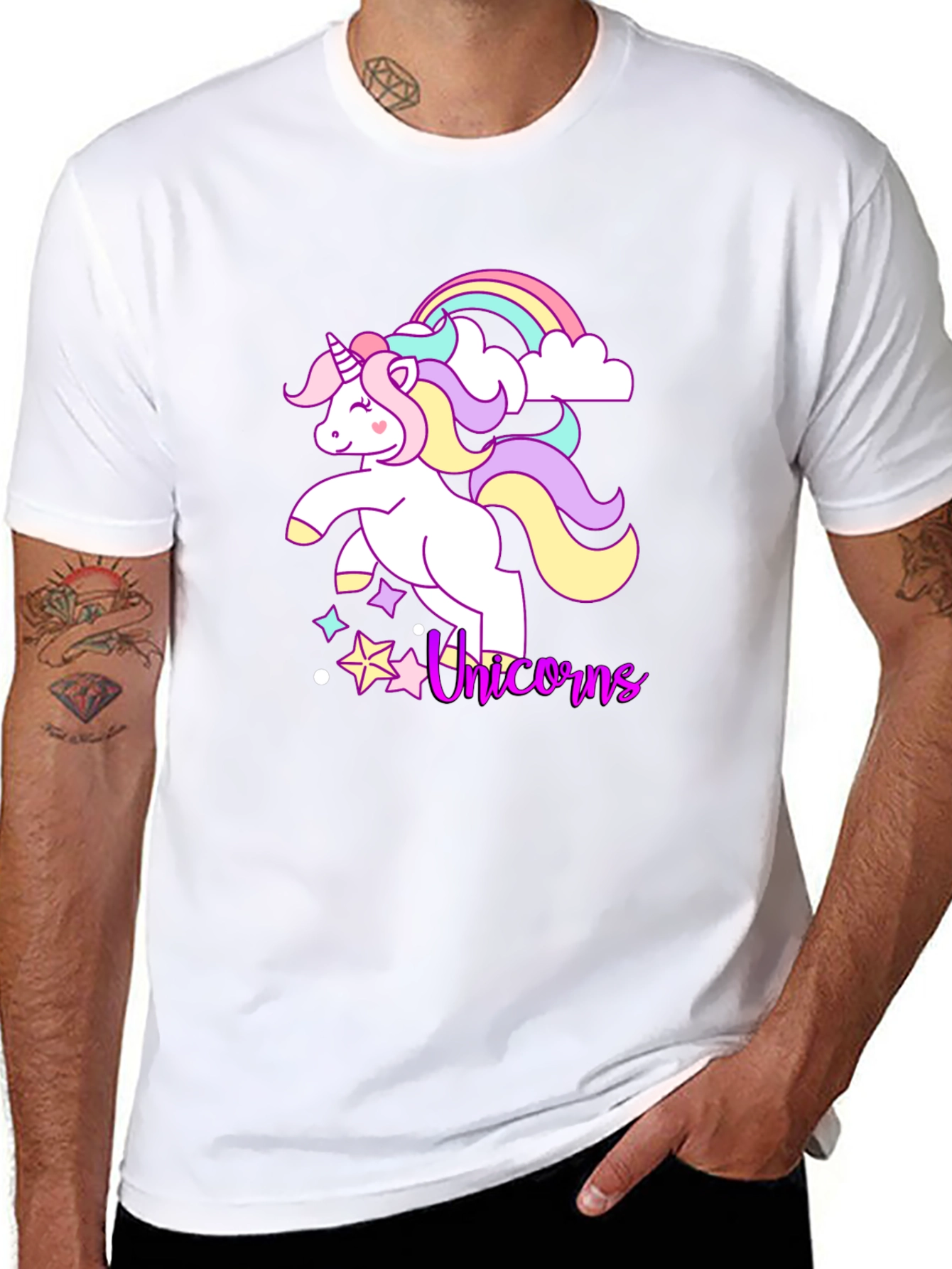 Black Unicorn Rainbow Graphic Tee - Black Cotton Casual Shirt view 8