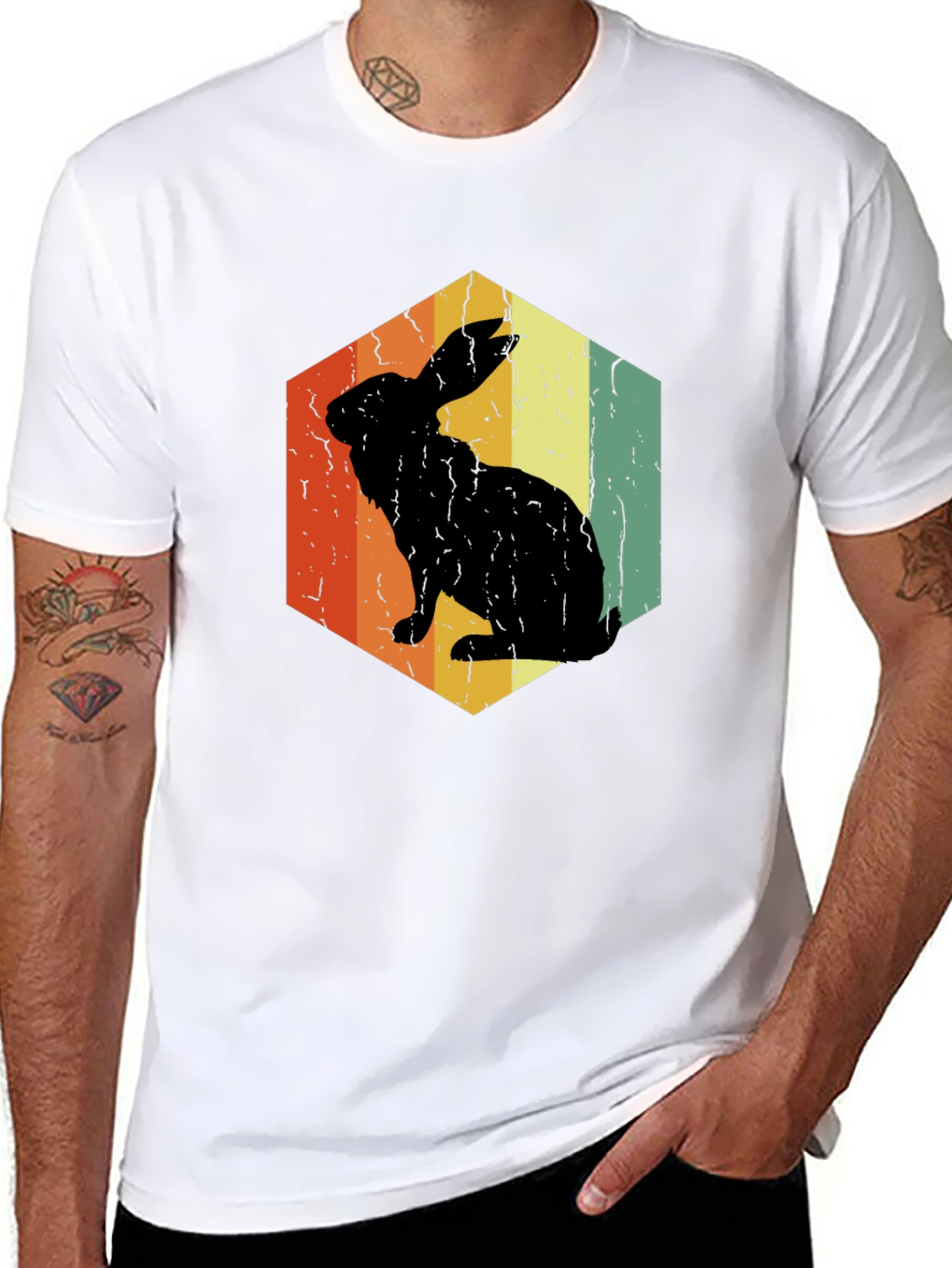 Black Retro Rabbit Hexagon Graphic T-Shirt view 8