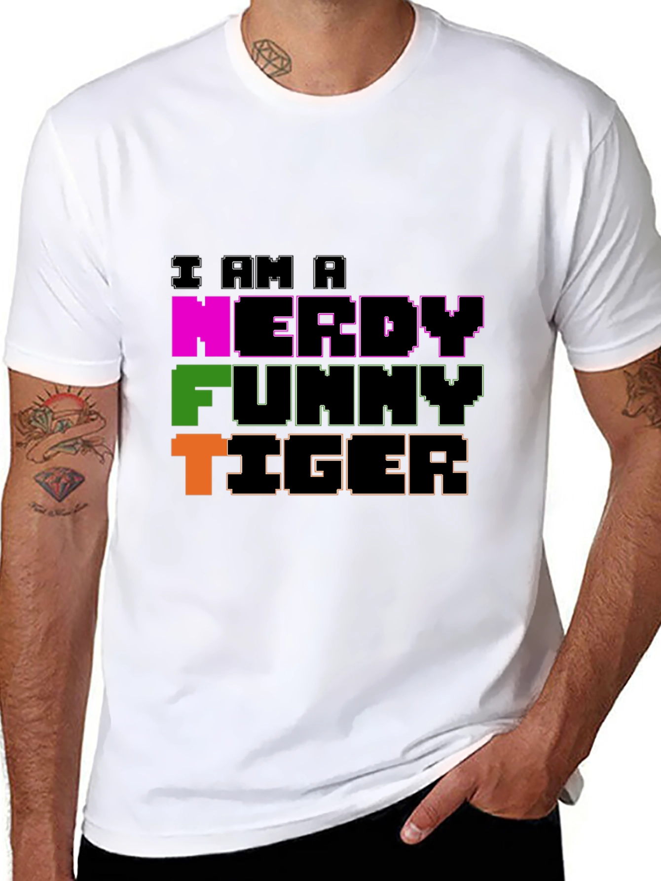 Black Nerdy Funny Tiger Graphic Tee - Black Crew Neck view 8