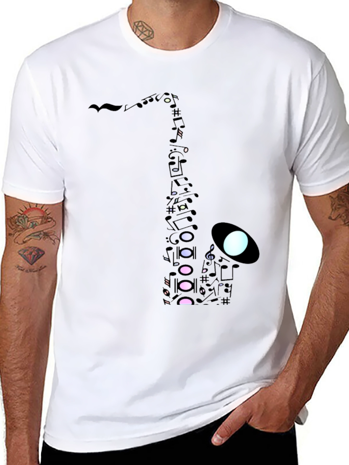 Black Saxophone Music Note Graphic Tee - Black Cotton Casual view 8