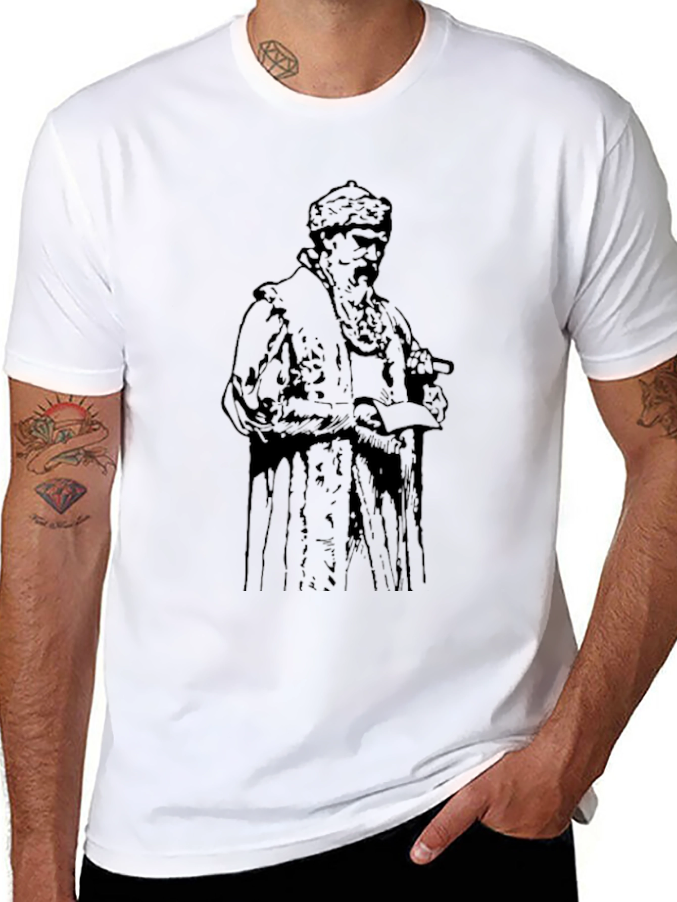 Black Men's Black T-shirt with Vintage Figure Print view 8