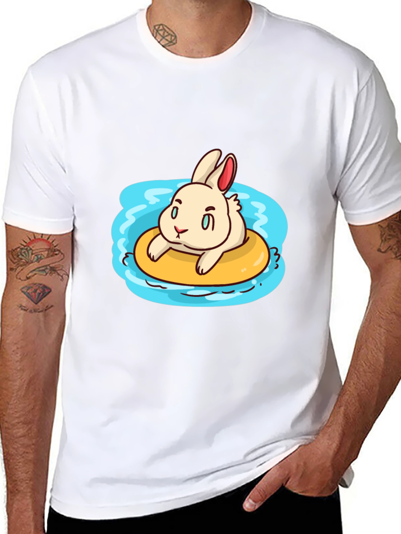 Black Cartoon Bunny on Float Black T-Shirt view 8