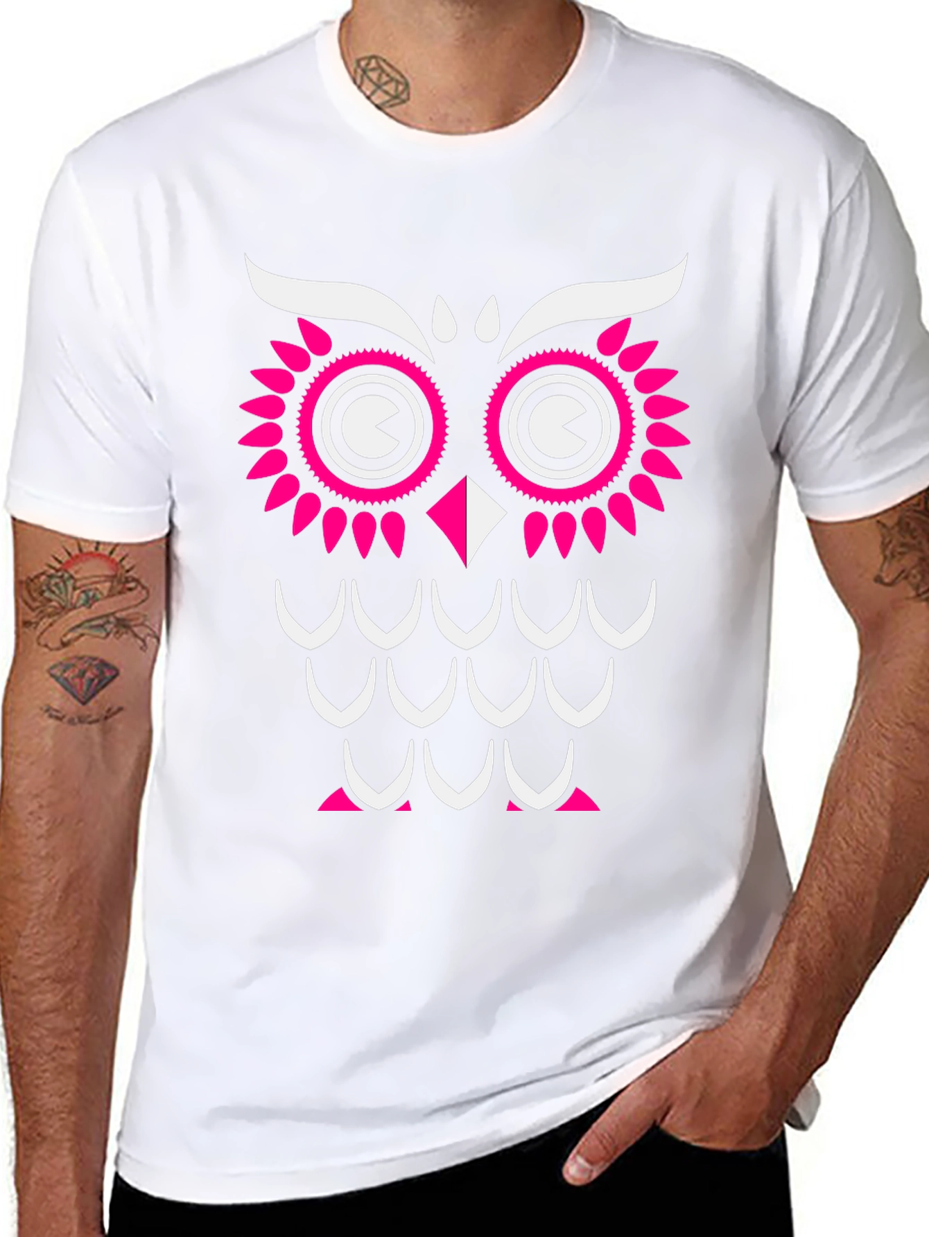 Black Owl Graphic Print T-Shirt - Black with Pink & White Design view 8