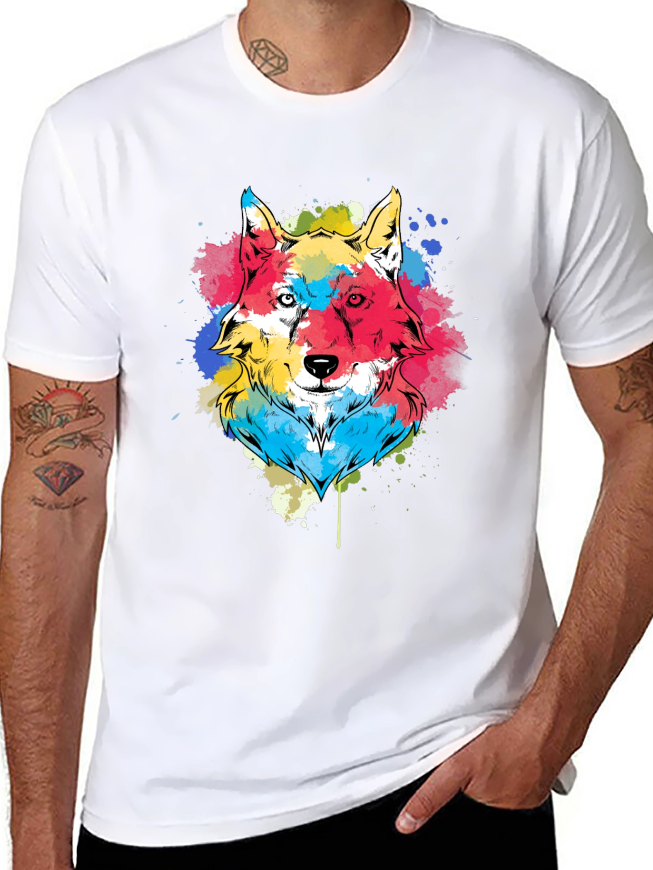 Black Colorful Wolf Graphic Tee - Black Cotton Blend view 8