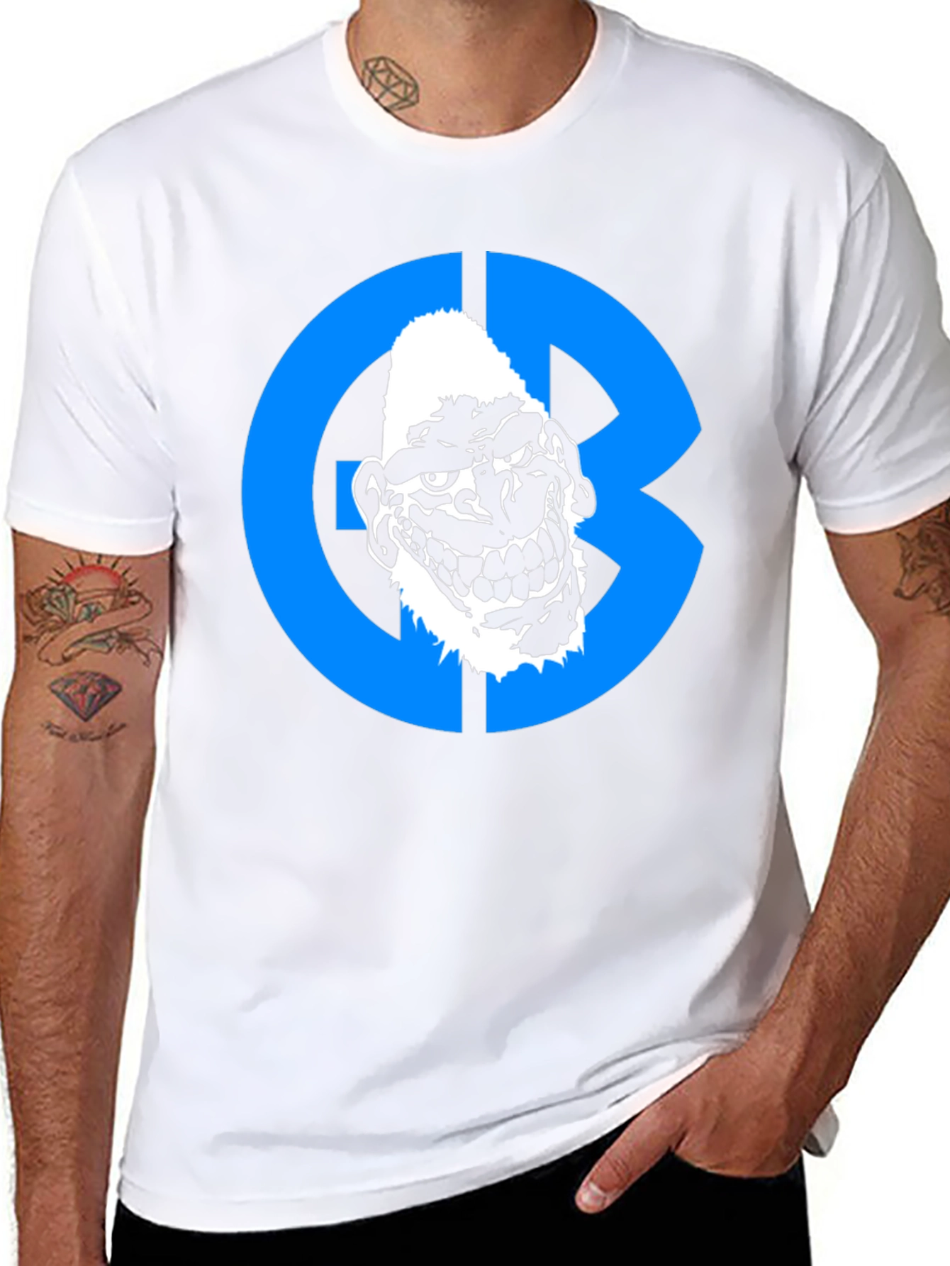 Black Graphic Tee: Grotesque Face in Blue Circle view 8