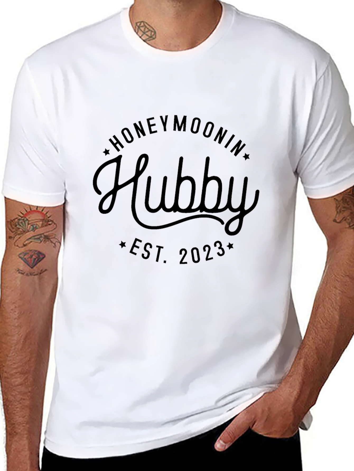 Black Honeymoonin' Hubby Est. 2023 Black T-Shirt view 8