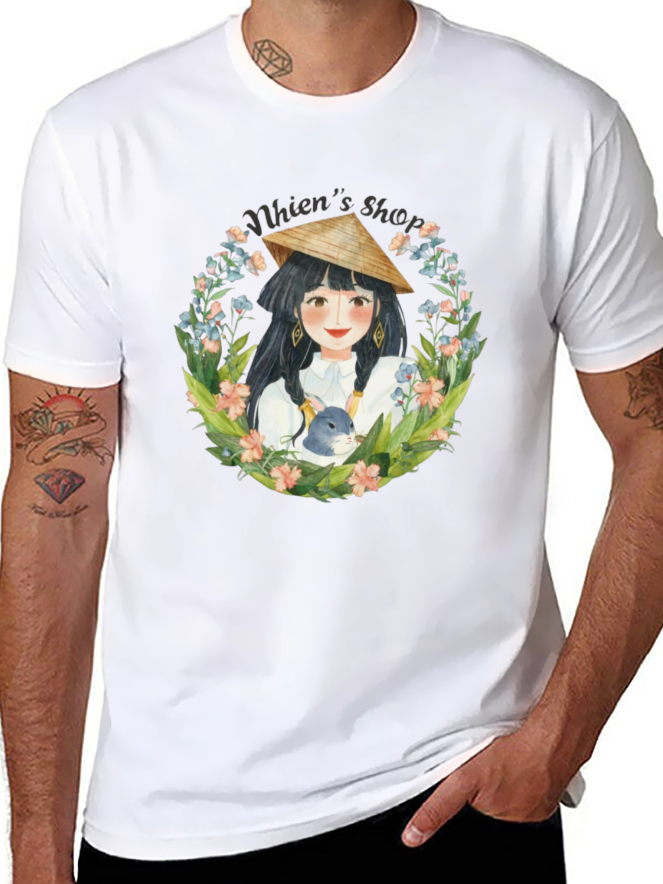 Black Whimsical Girl with Rabbit Black T-Shirt view 8