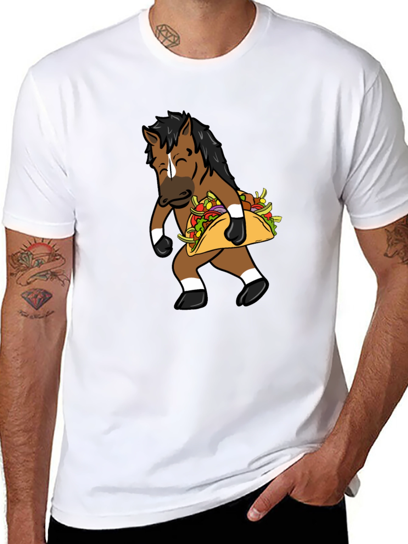 Black Funny Horse Taco Graphic Tee - Black Cotton T-Shirt view 8