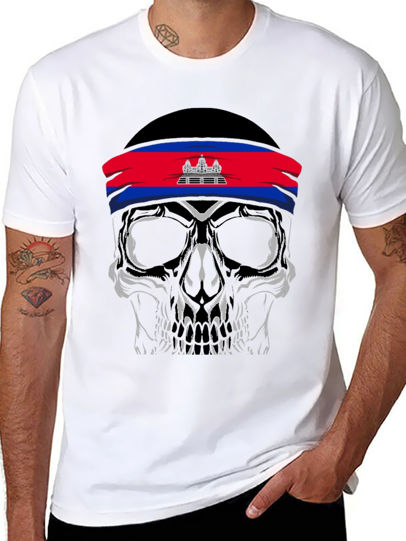 Skull T-Shirt Cambodia Flag Headband - 8
