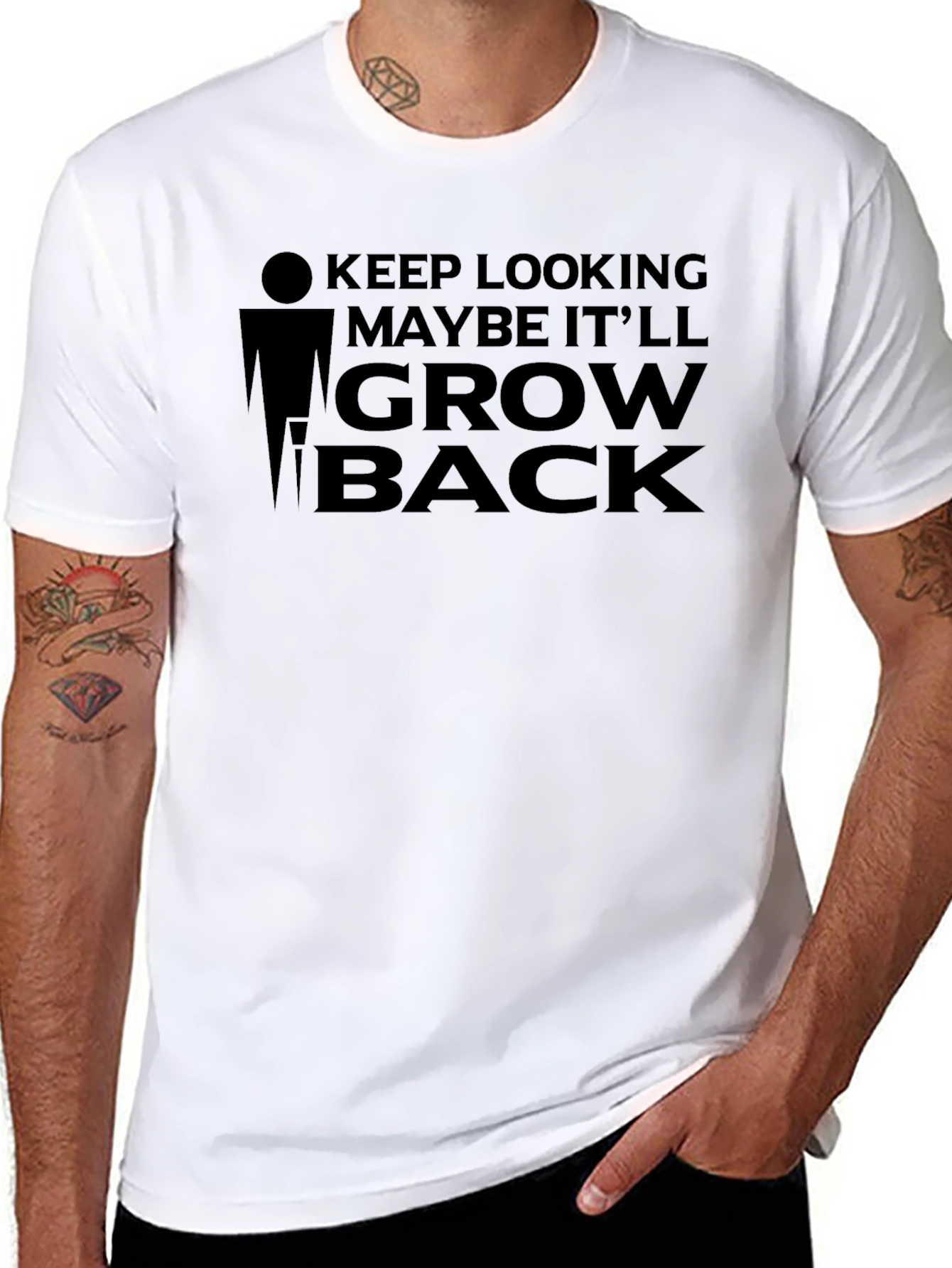 Black Humorous Baldness T-Shirt - Keep Looking, It'll Grow Back view 8
