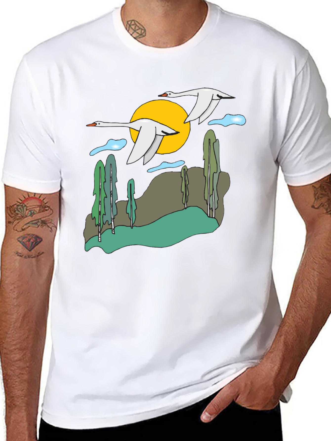 Black Nature Swans Graphic T-Shirt - Black Cotton Blend view 8