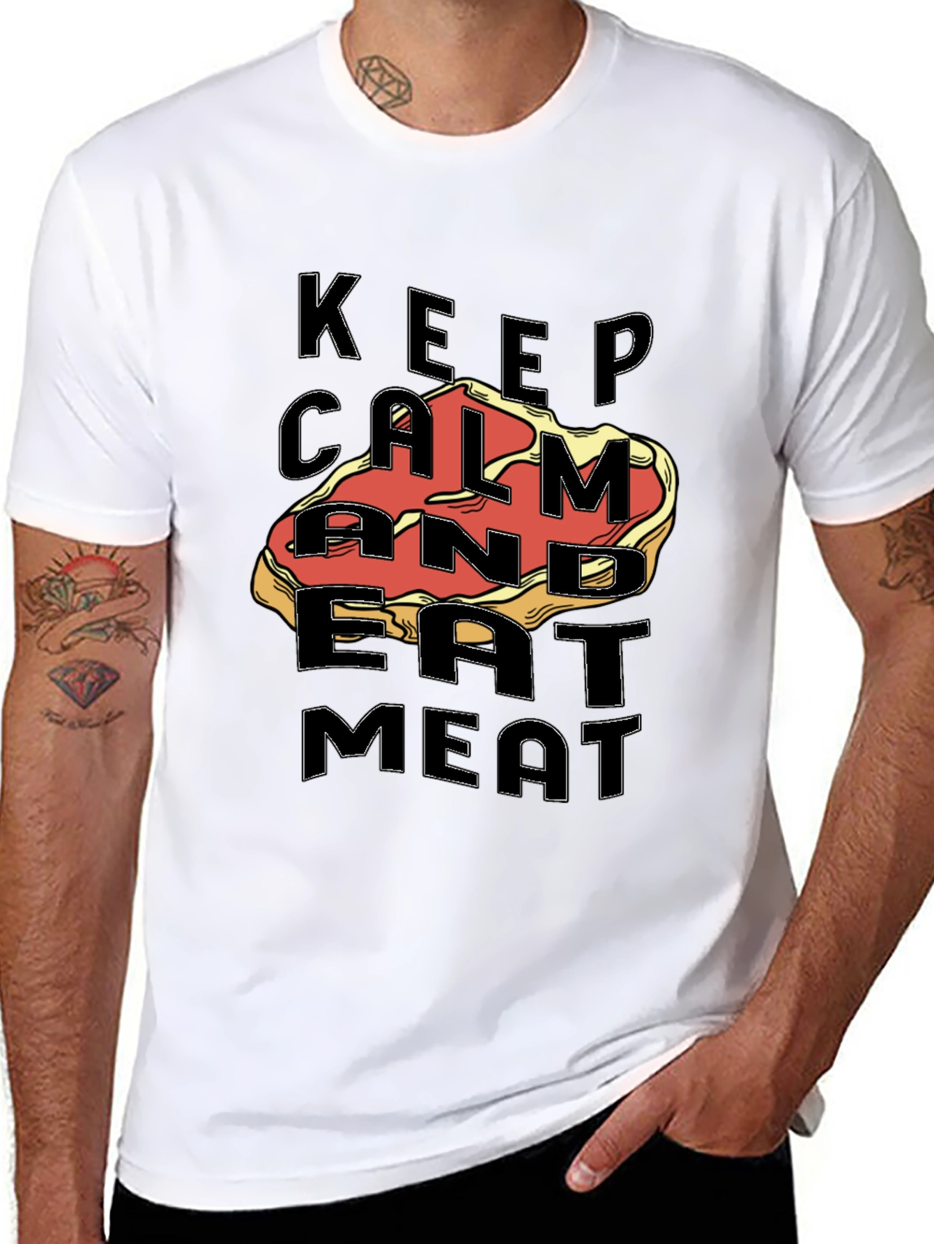 Black Keep Calm & Eat Meat Graphic Tee - Premium Black T-Shirt view 8