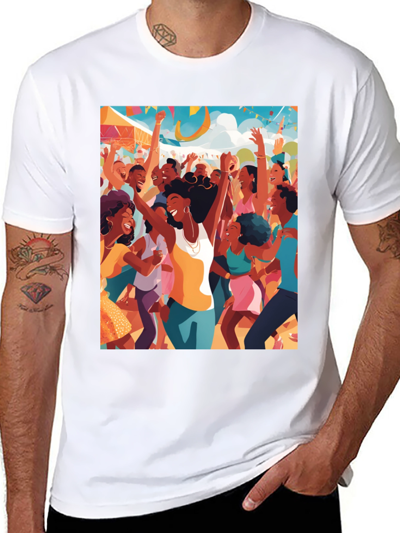 Black Festive Crowd Graphic Tee - Black Cotton Comfort view 8