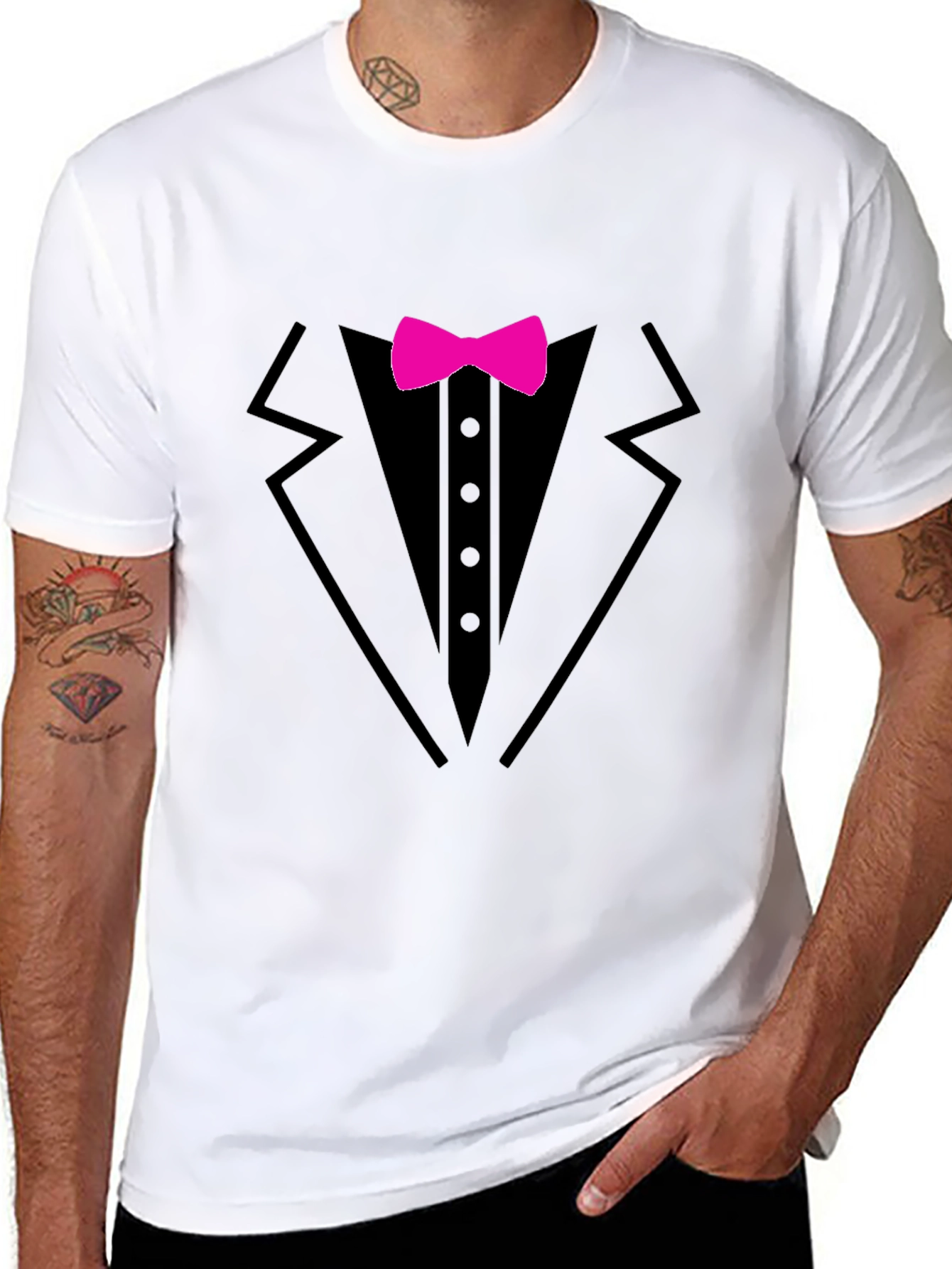 Black Tuxedo T-Shirt with Pink Bow Tie - Fun Formal Wear view 8