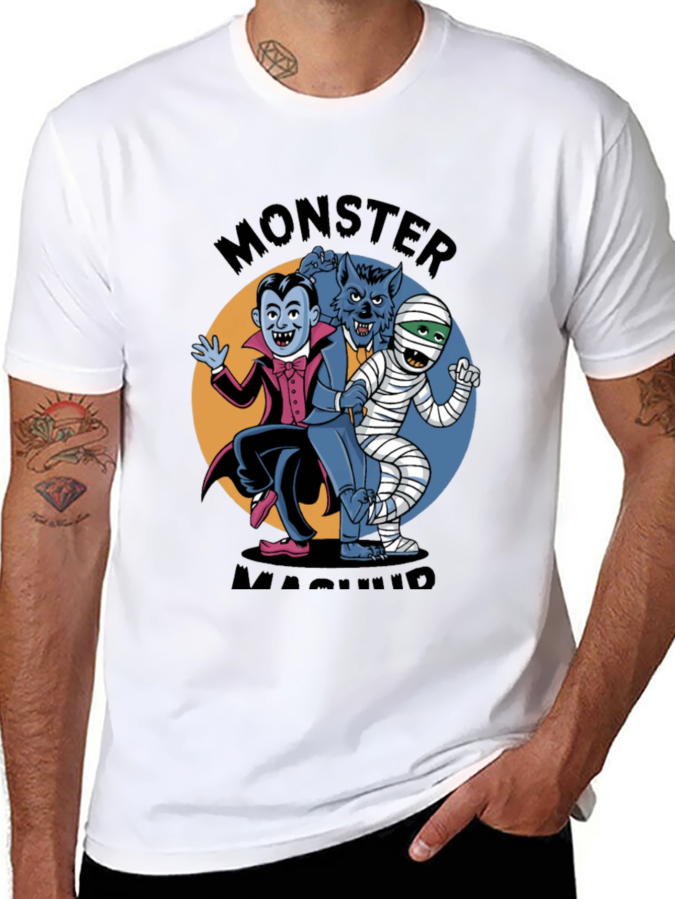 Black Monster Mash T-Shirt: Classic Horror Character Design view 8