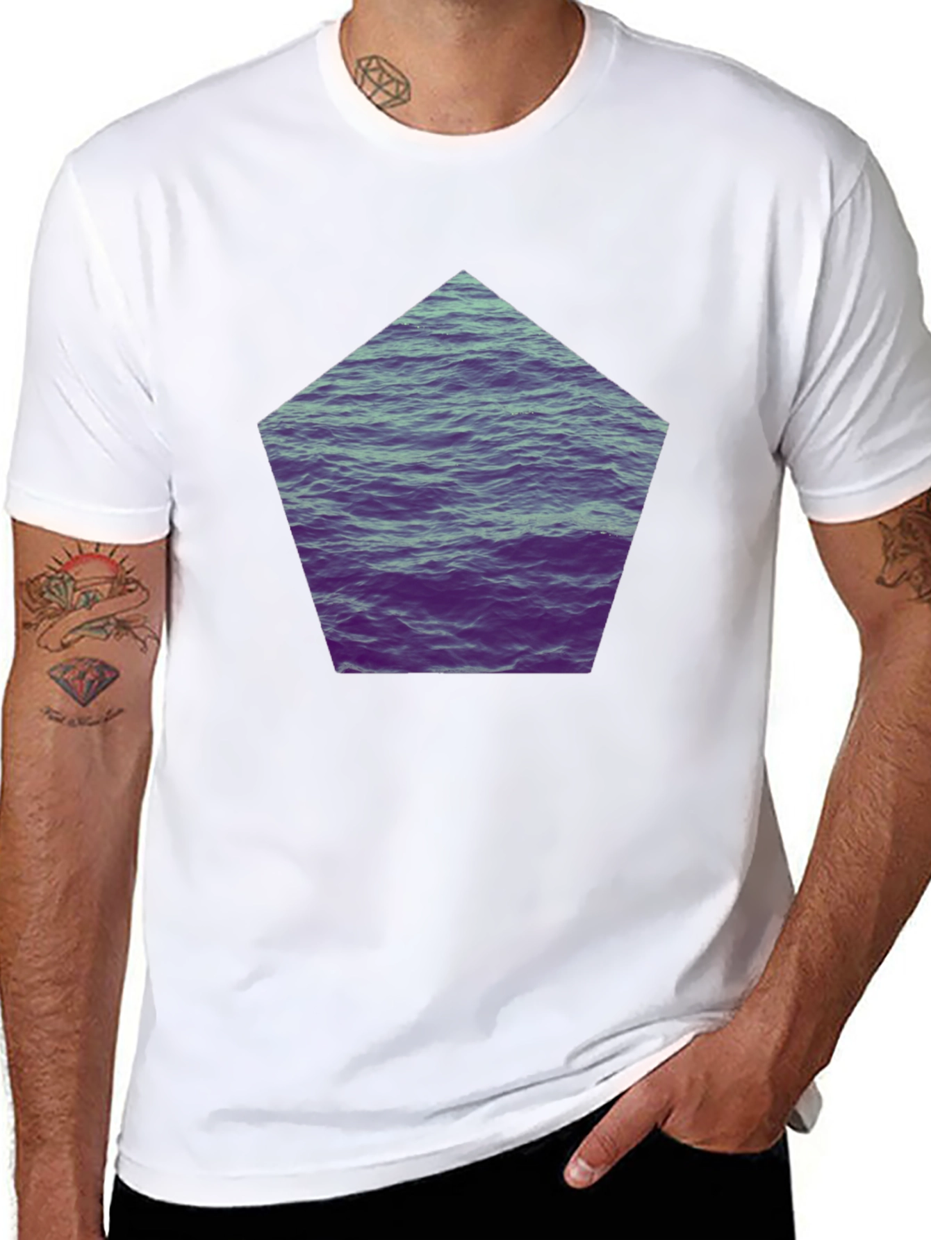 Black Black T-Shirt with Ocean Waves Graphic Print view 8