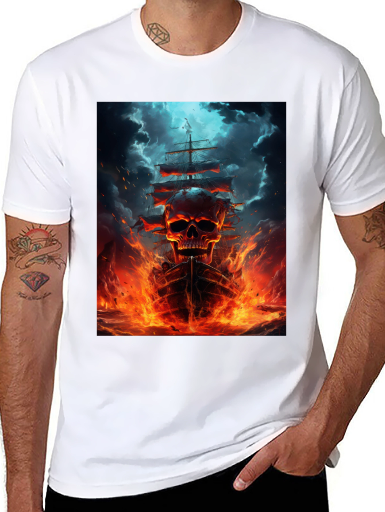 Black Skull Ship Graphic Black T-Shirt view 8