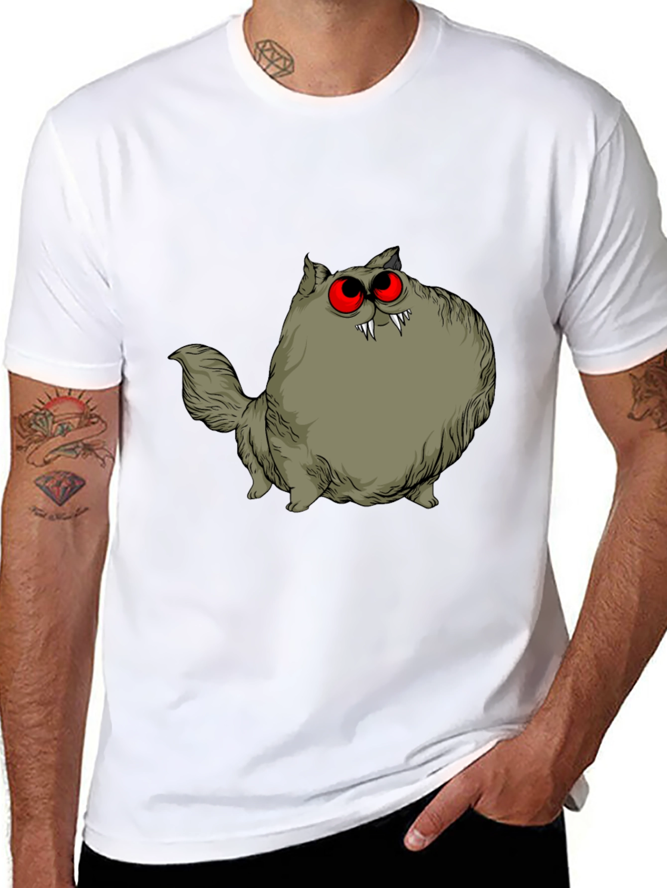 Black Creepy Cat Graphic Tee - Red Eyes, Fangs, Unique view 8