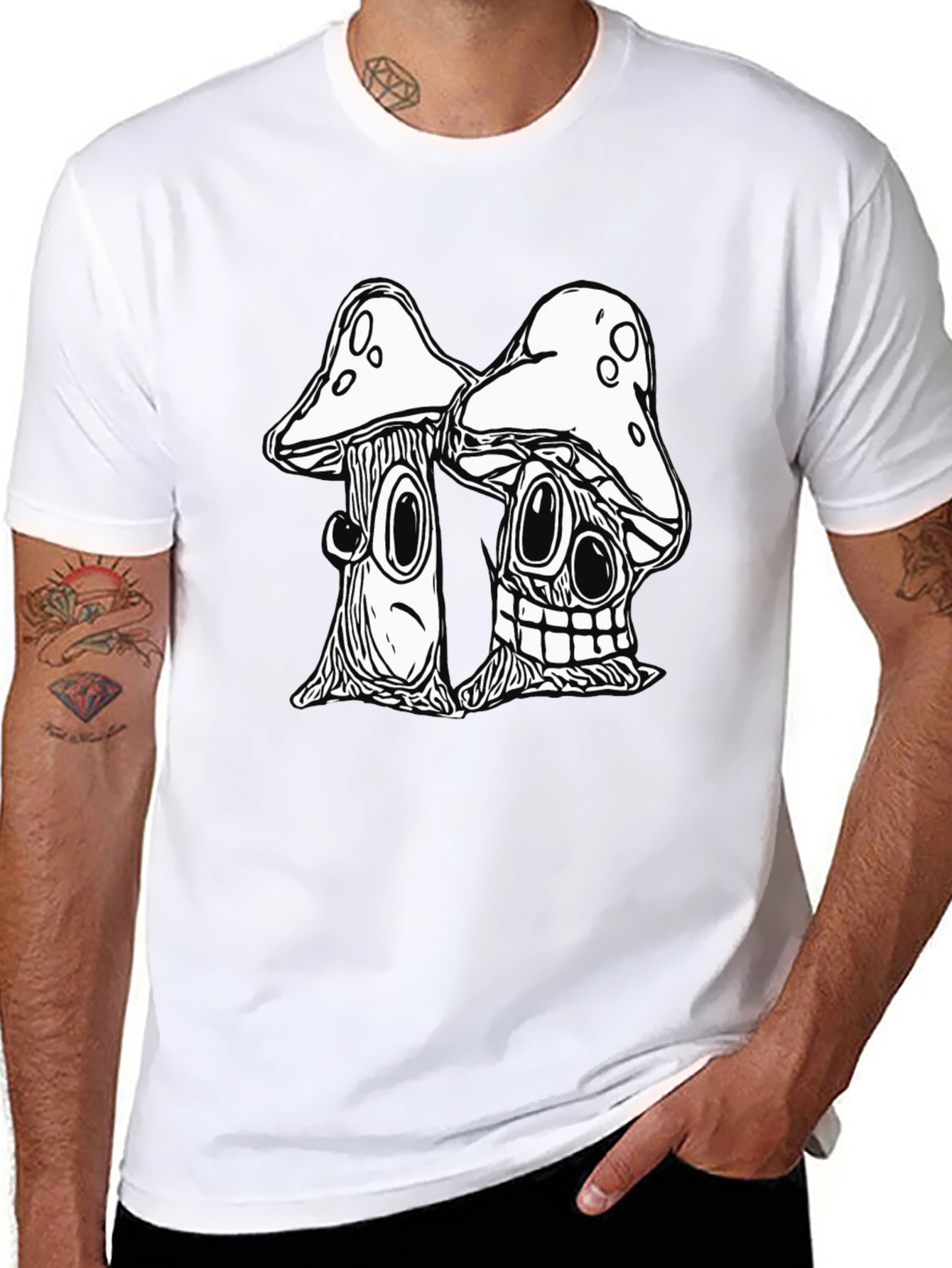 Black Mushroom Cartoon Graphic Black T-Shirt view 8